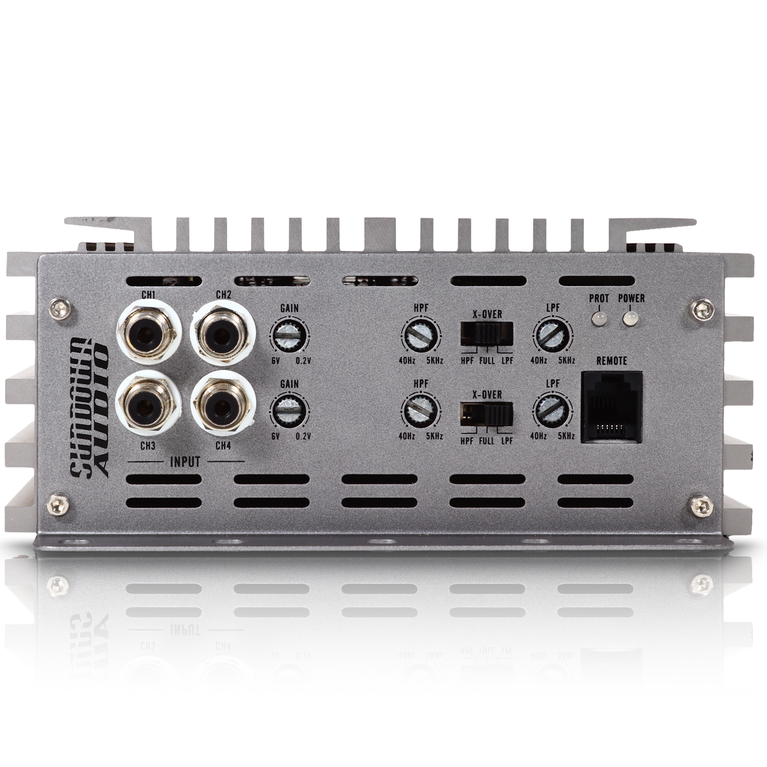 Close-up of the Sundown Audio SAEv4-200.4 4-Channel Amplifier highlighting its high-fidelity Class A/B design, complete with gain adjustment knobs, high-pass and low-pass filter switches, and a variety of audio inputs and power connections.