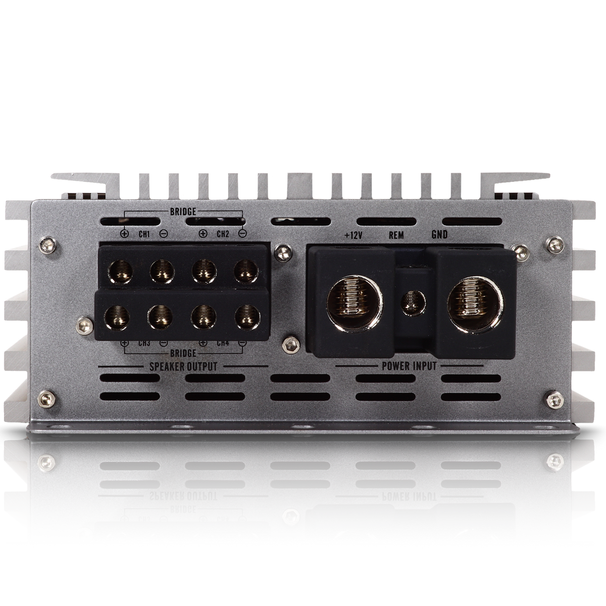 The rear view of the Sundown Audio SAEv4-200.4 4-Channel Amplifier displays multi-channel architecture, featuring CH1 and CH2 speaker outputs on the left and +12V, REM, and GND power inputs on the right. The surface below reflects.