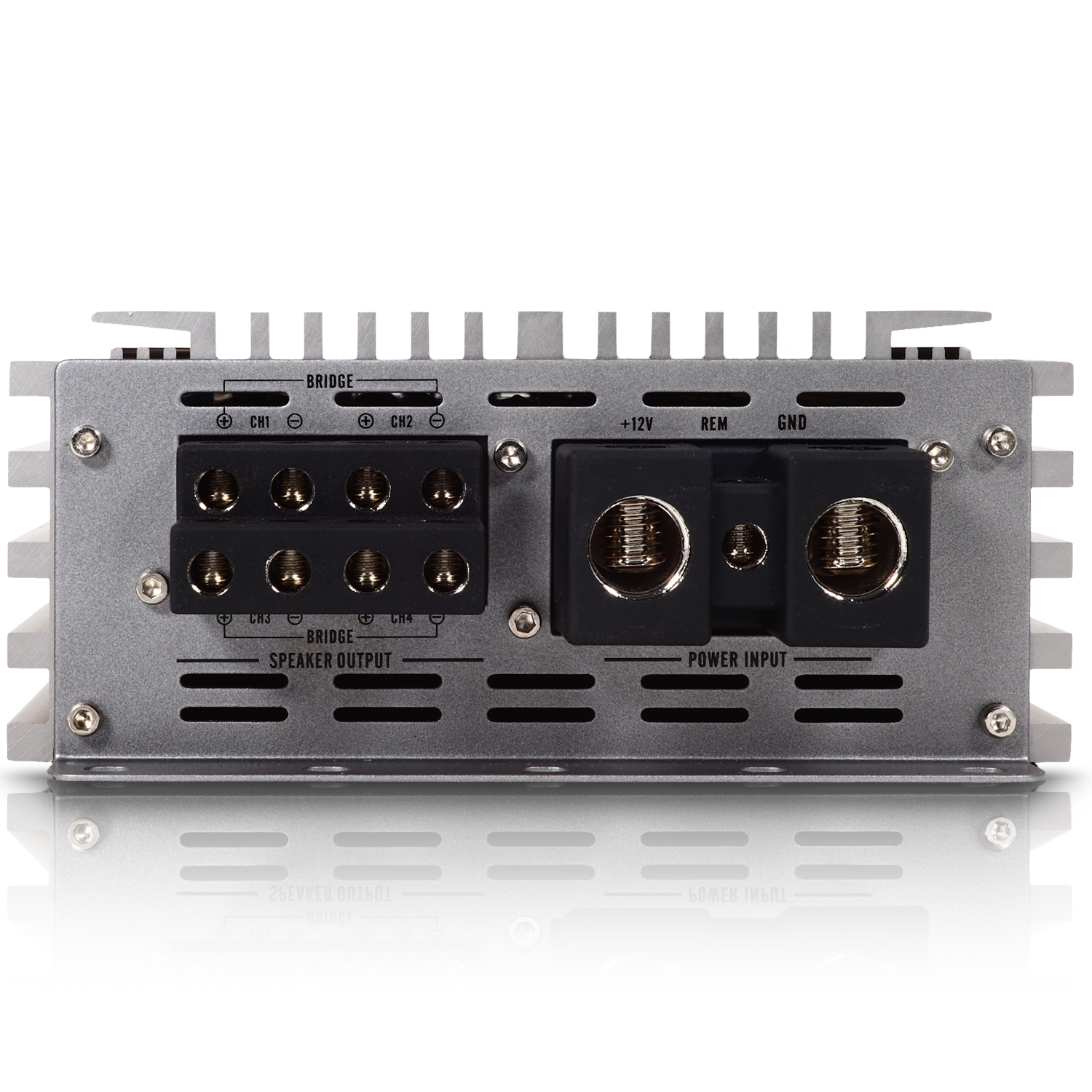 The rear view of the Sundown Audio SAEv4-200.4 4-Channel Amplifier displays multi-channel architecture, featuring CH1 and CH2 speaker outputs on the left and +12V, REM, and GND power inputs on the right. The surface below reflects.