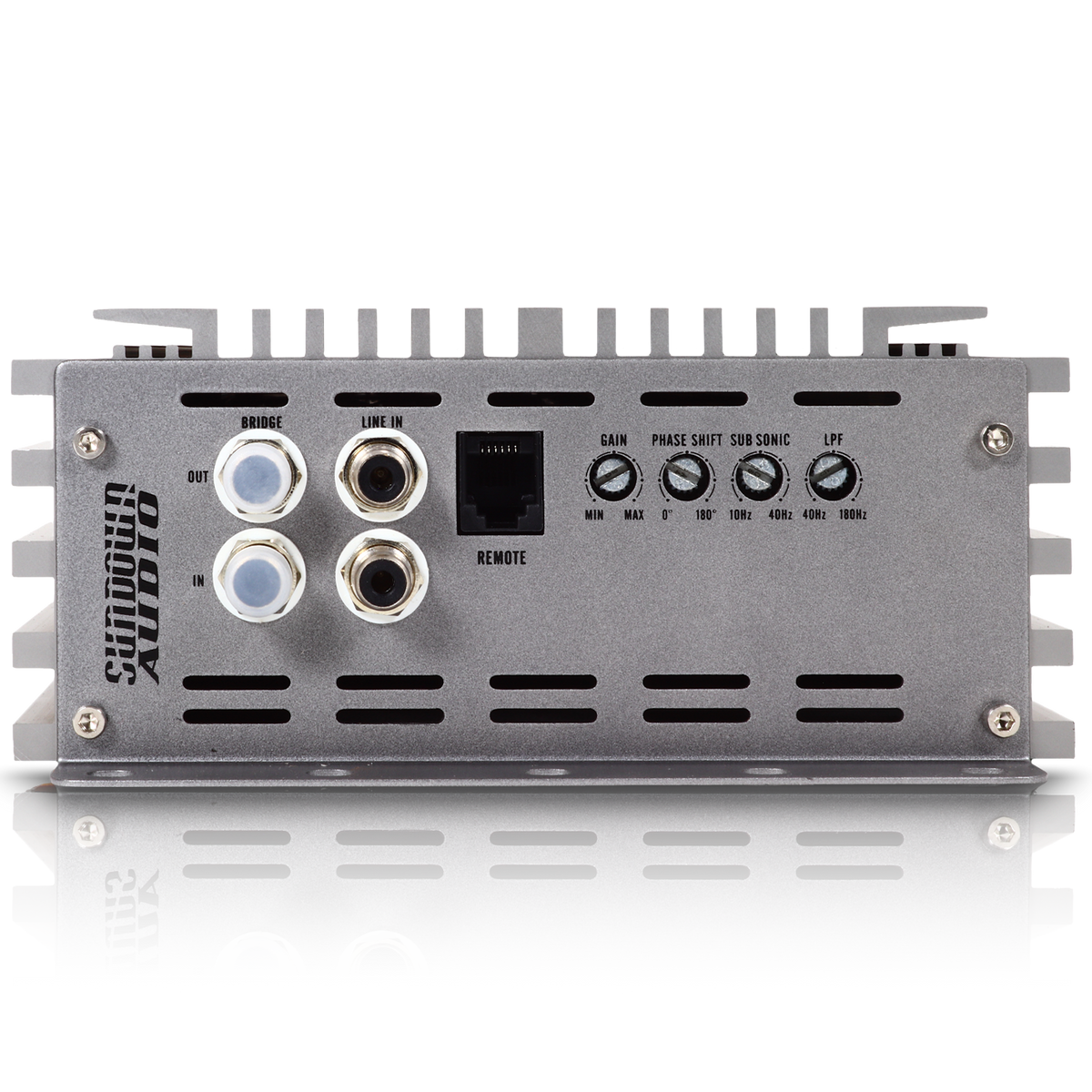 The SAEv4-3000.1D Amplifier by Sundown Audio is a silver Class D car audio amplifier with RCA inputs, remote connector, adjustable gain, phase, subsonic and low-pass filter knobs. It features protective circuitry for durability and has the brand logo embossed on its side.
