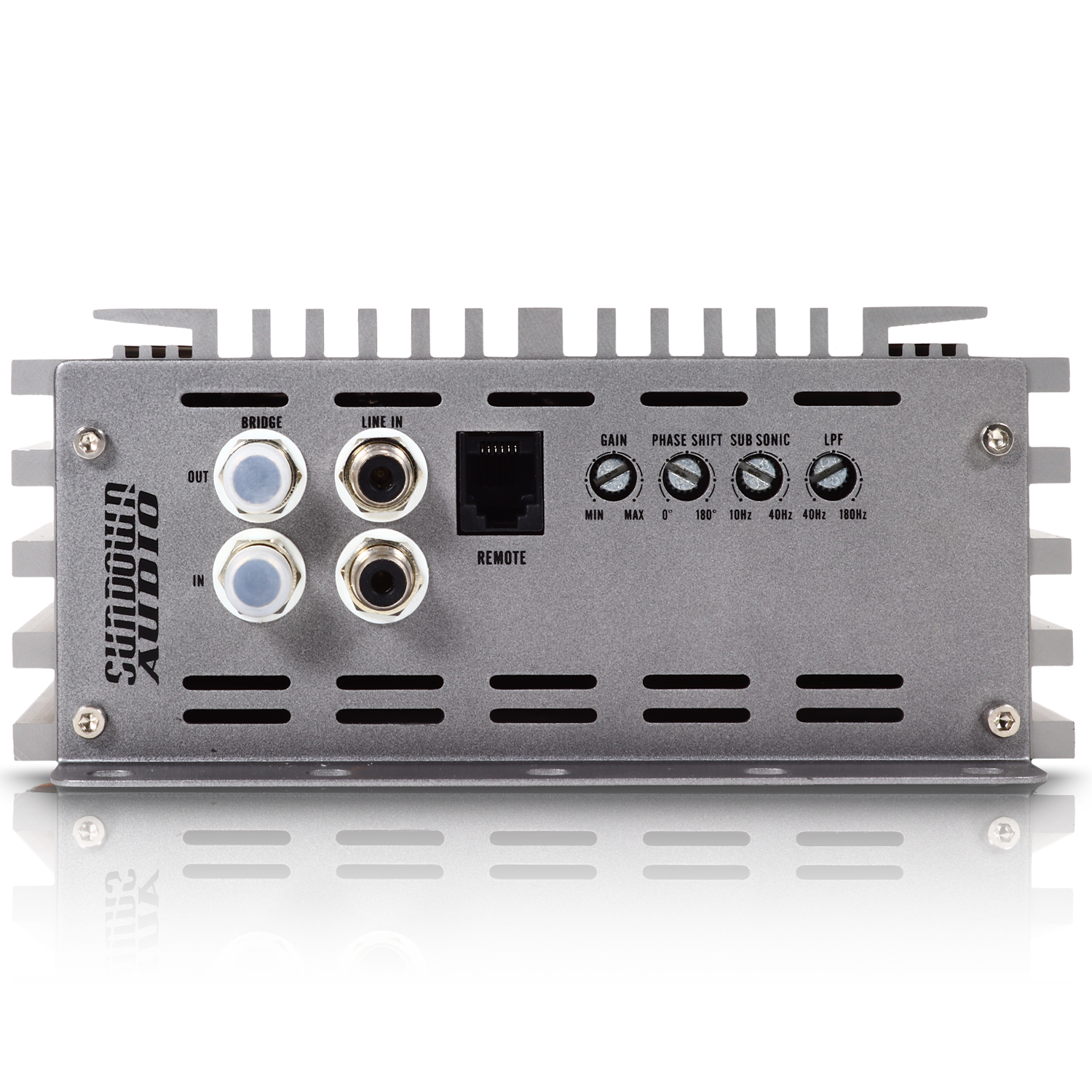 The SAEv4-3000.1D Amplifier by Sundown Audio is a silver Class D car audio amplifier with RCA inputs, remote connector, adjustable gain, phase, subsonic and low-pass filter knobs. It features protective circuitry for durability and has the brand logo embossed on its side.