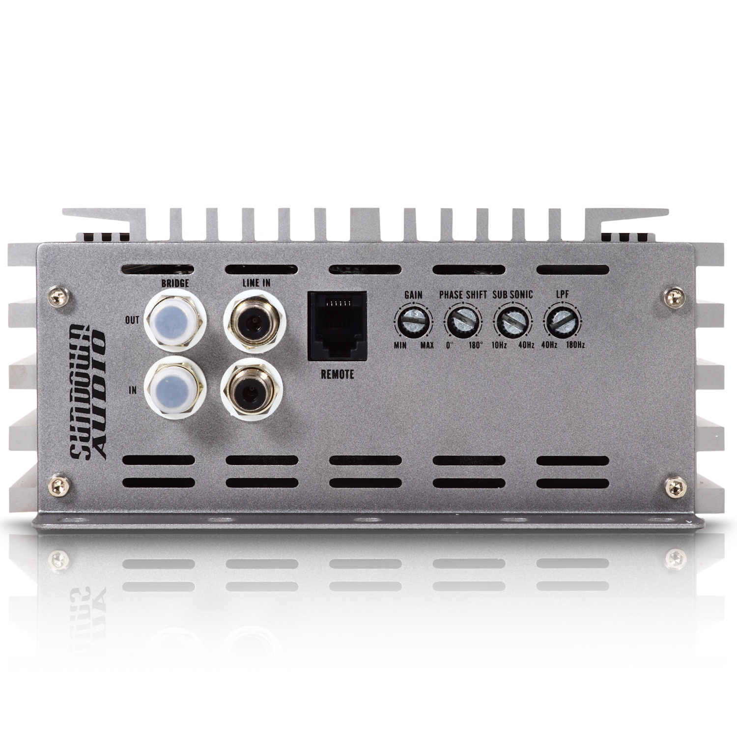 Rear view of a Silver Sundown Audio SAEv4-600.1D Mono Amplifier, featuring input ports and switches for gain, phase, sub-sonic, and low pass filter with labeled frequencies. An Ethernet port for remote connectivity is also visible on this Class D amplifier.