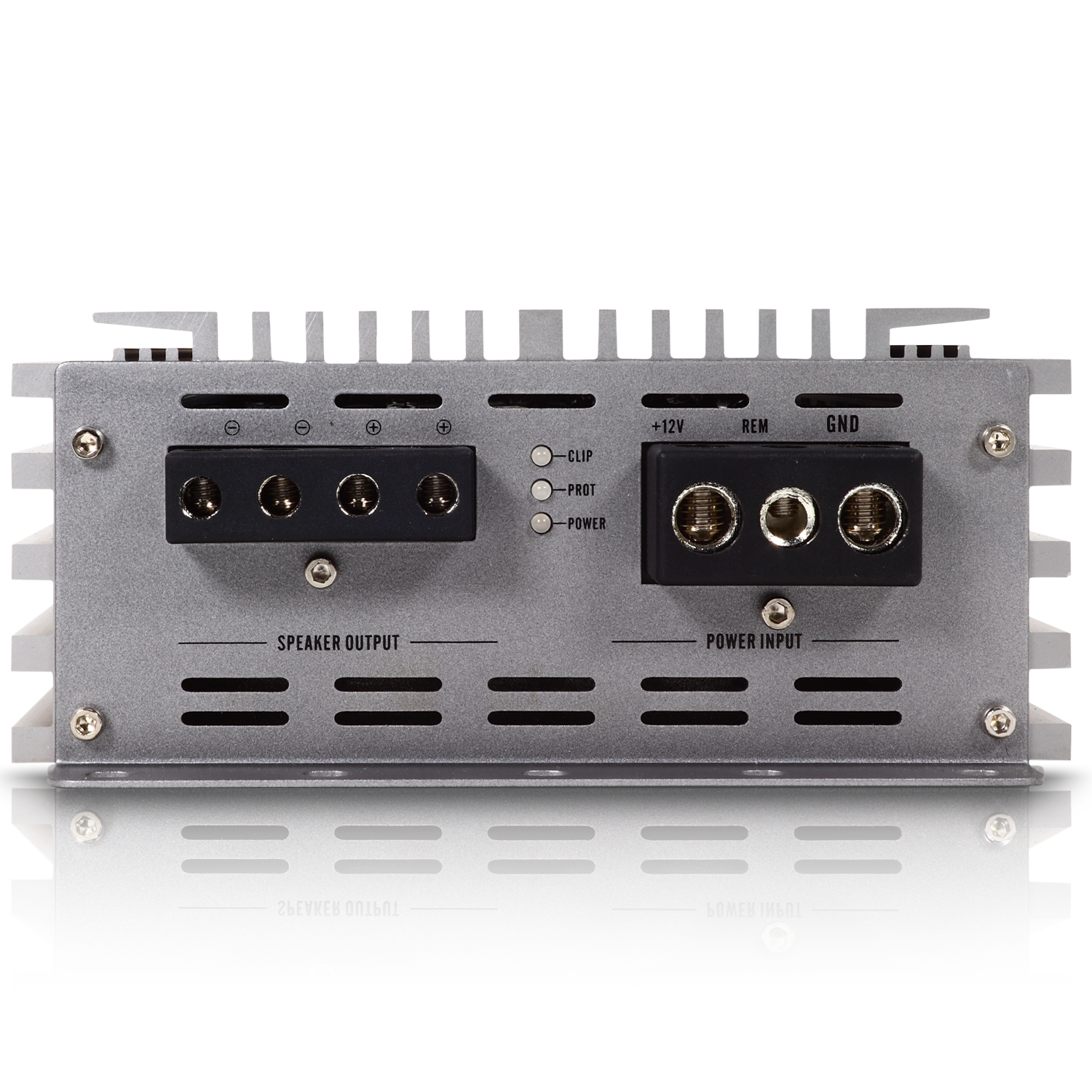 Close-up of a Sundown Audio SAEv4-600.1D Mono Amplifier rear panel, highlighting Class D features with labeled sections for speaker output and power input, plus ports for +12V, REM, GND connections. Indicator lights show clip, prot, and power status.