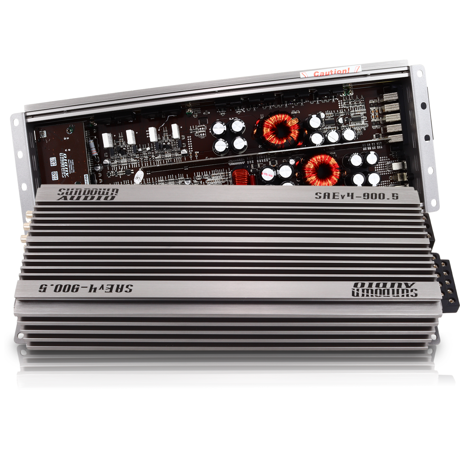 With its top cover off, the Sundown Audio SAEv4-900.5 5-Channel Amplifier reveals internal components like capacitors and circuit boards, while the removed cover showcases a grooved design and branding. It features a Class A/B+D design for optimal performance.