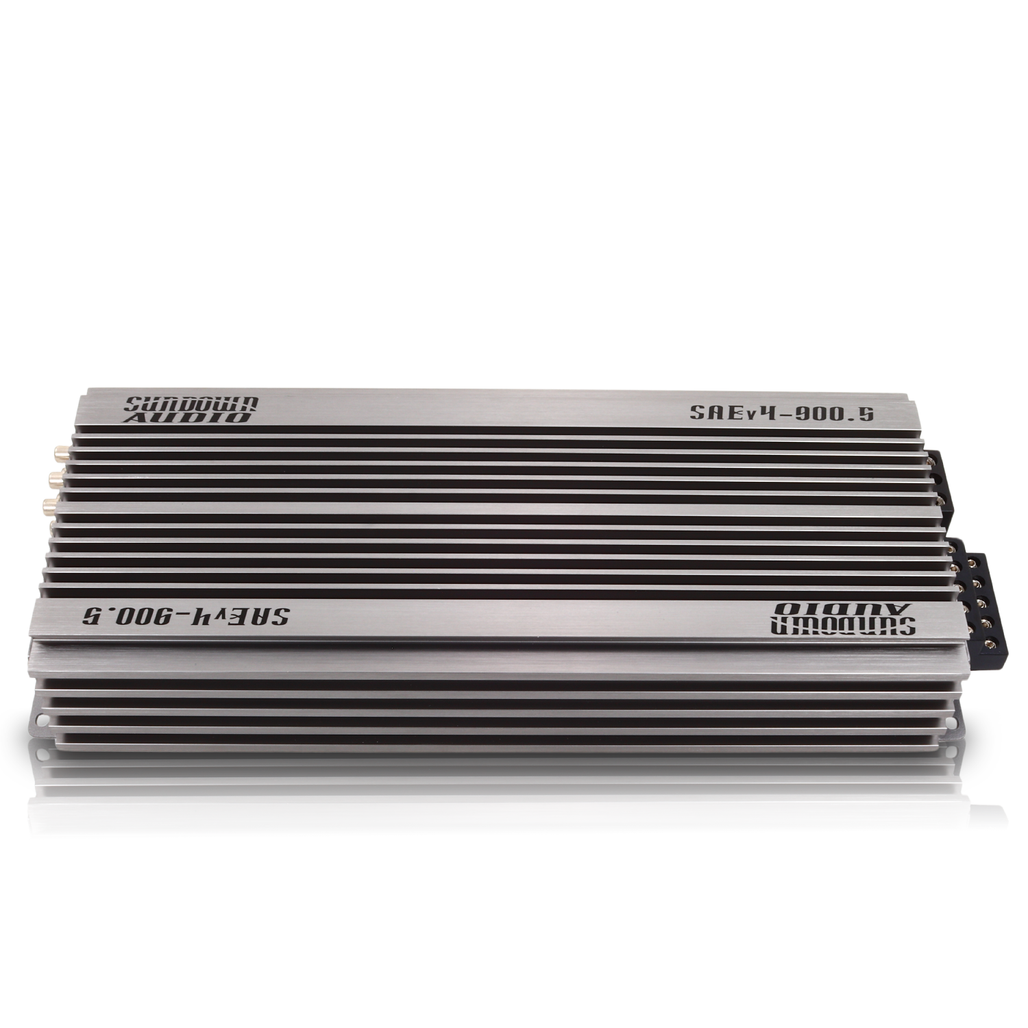 Image of the Sundown Audio SAEv4-900.5 amplifier in silver and black with ribbed sides, engraved text on top, and multiple ports at one end. This 5-channel model integrates Class A/B+D design for superior sound performance.