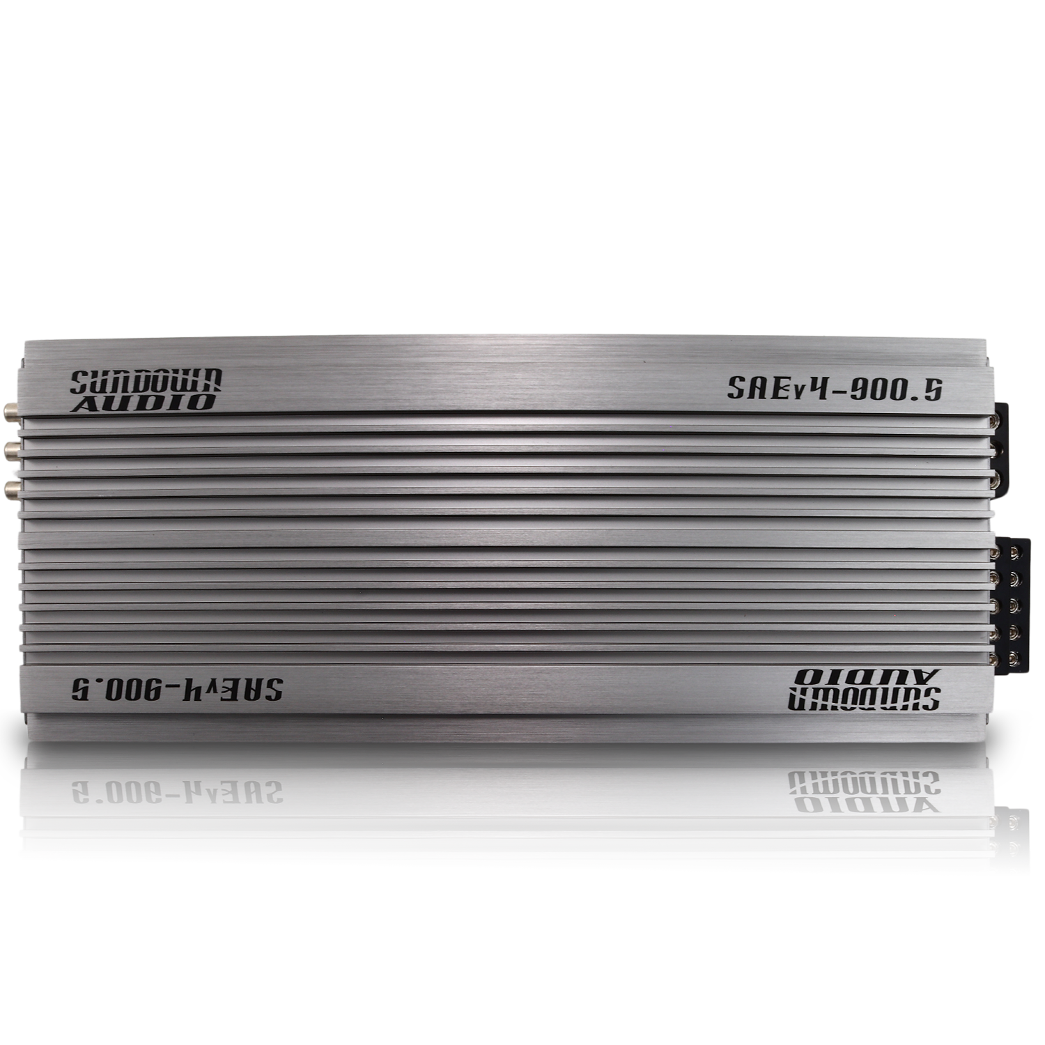 The SAEv4-900.5 5-Channel Amplifier from Sundown Audio features its model number and branding in black on a silver casing, utilizing a Class A/B+D design with horizontal grooves for heat dissipation.