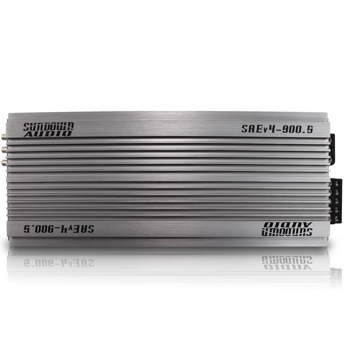 The SAEv4-900.5 5-Channel Amplifier from Sundown Audio features its model number and branding in black on a silver casing, utilizing a Class A/B+D design with horizontal grooves for heat dissipation.