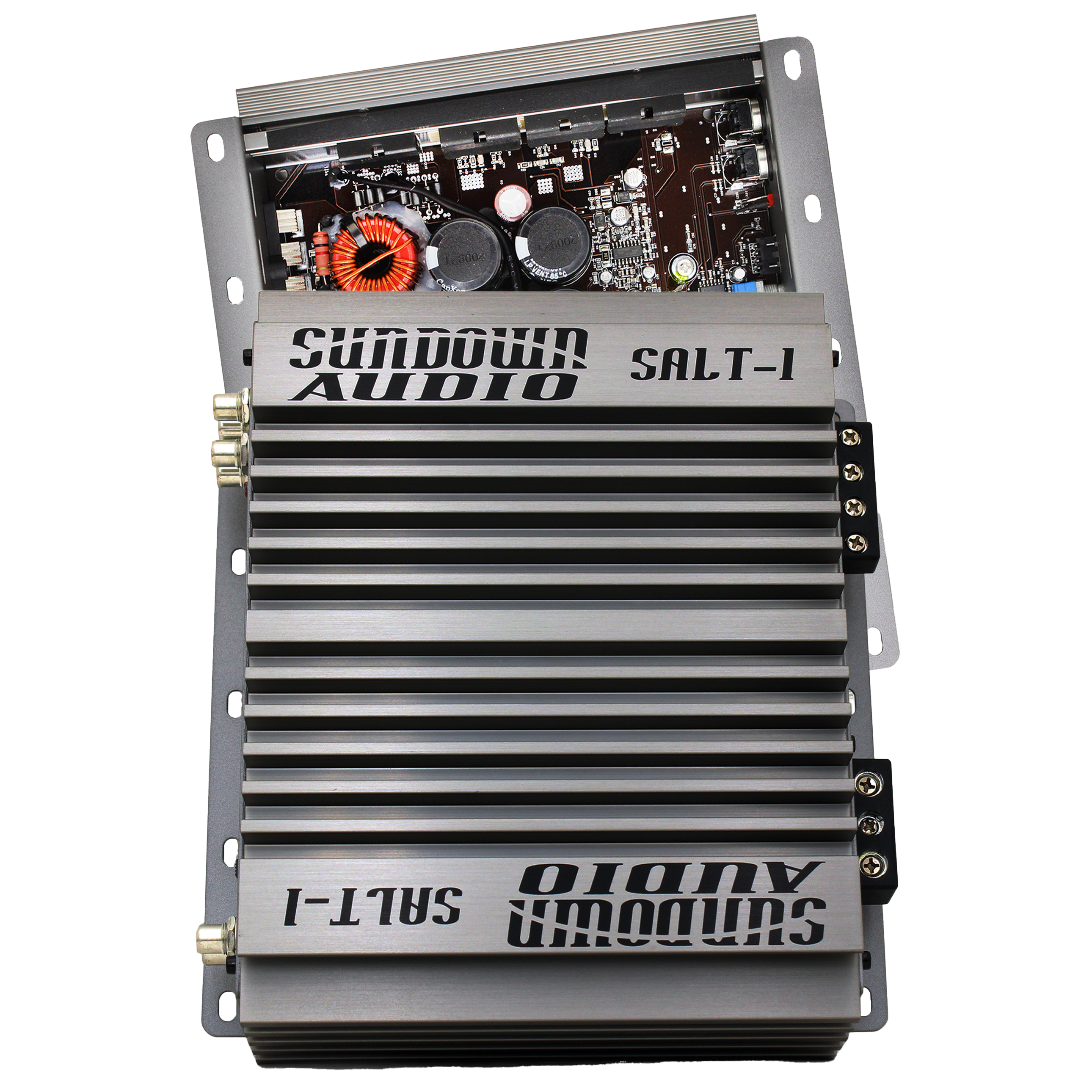 The Sundown Audio SALT-1 Class D Amplifier, delivering 1,000 watts of power, features a slightly open cover that reveals its intricate internal design. Its exterior is a metallic finish with black heat sink fins and clearly labeled end panels.