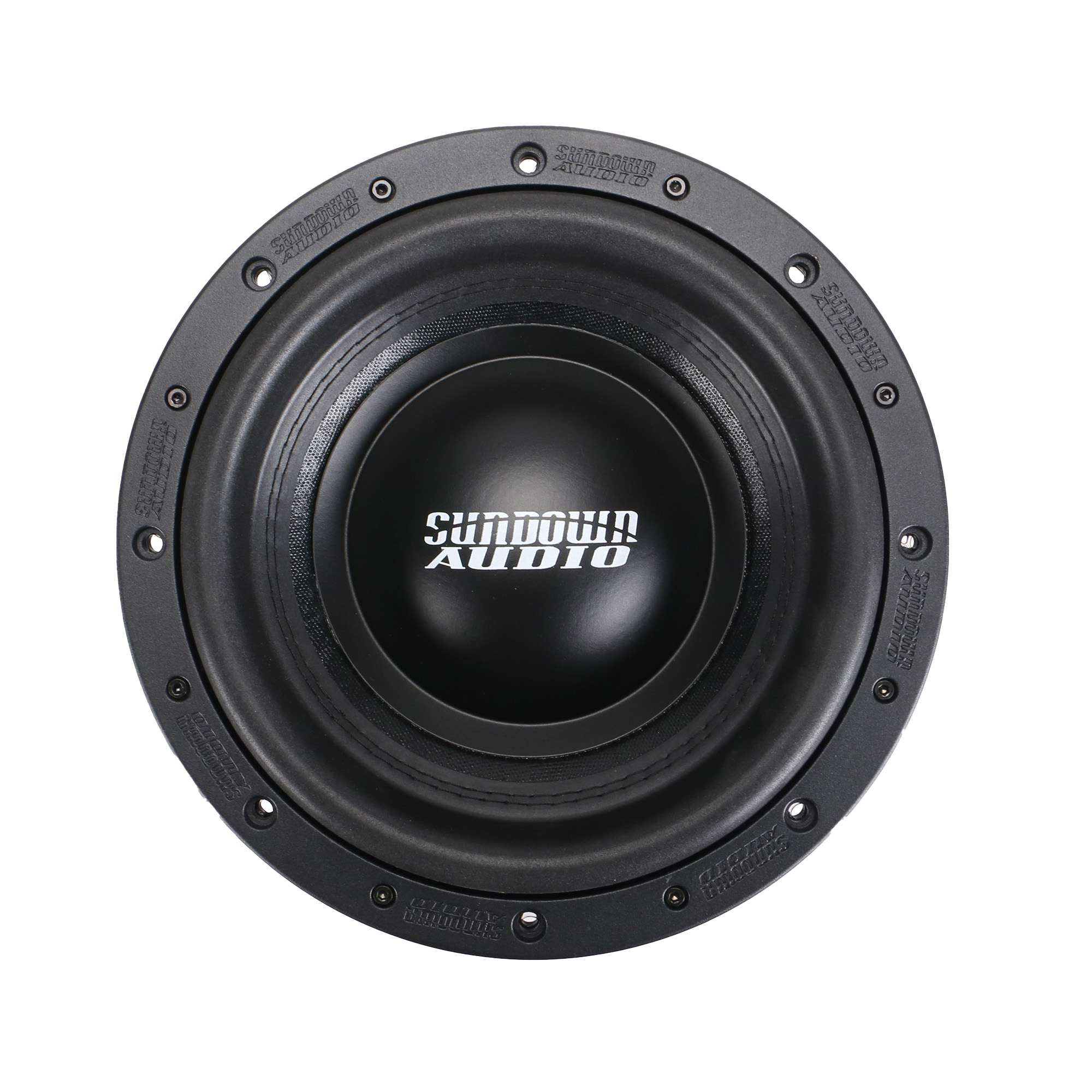 Sundown Audios SA-Series v.3 10 black car subwoofer features a round design with visible screws, dual voice coils, and RMS 1250 watts.