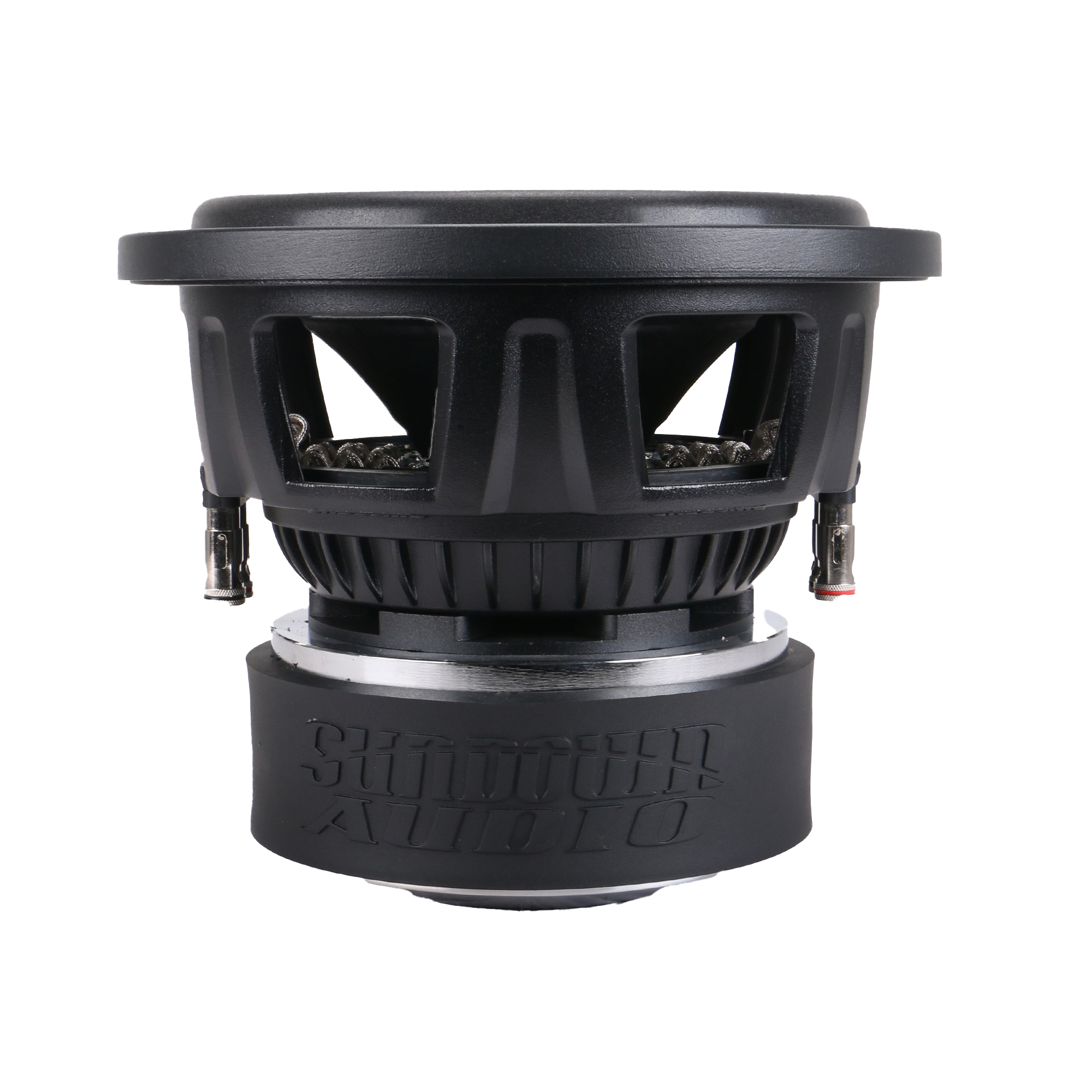 The SA-Series v.3 10 Subwoofer by Sundown Audio is a black car subwoofer with dual voice coils, domed top, exposed wiring connectors, and a brand logo embossed on the side. It has vents for airflow and offers 1250 watts RMS, perfect for high-performance audio enthusiasts.