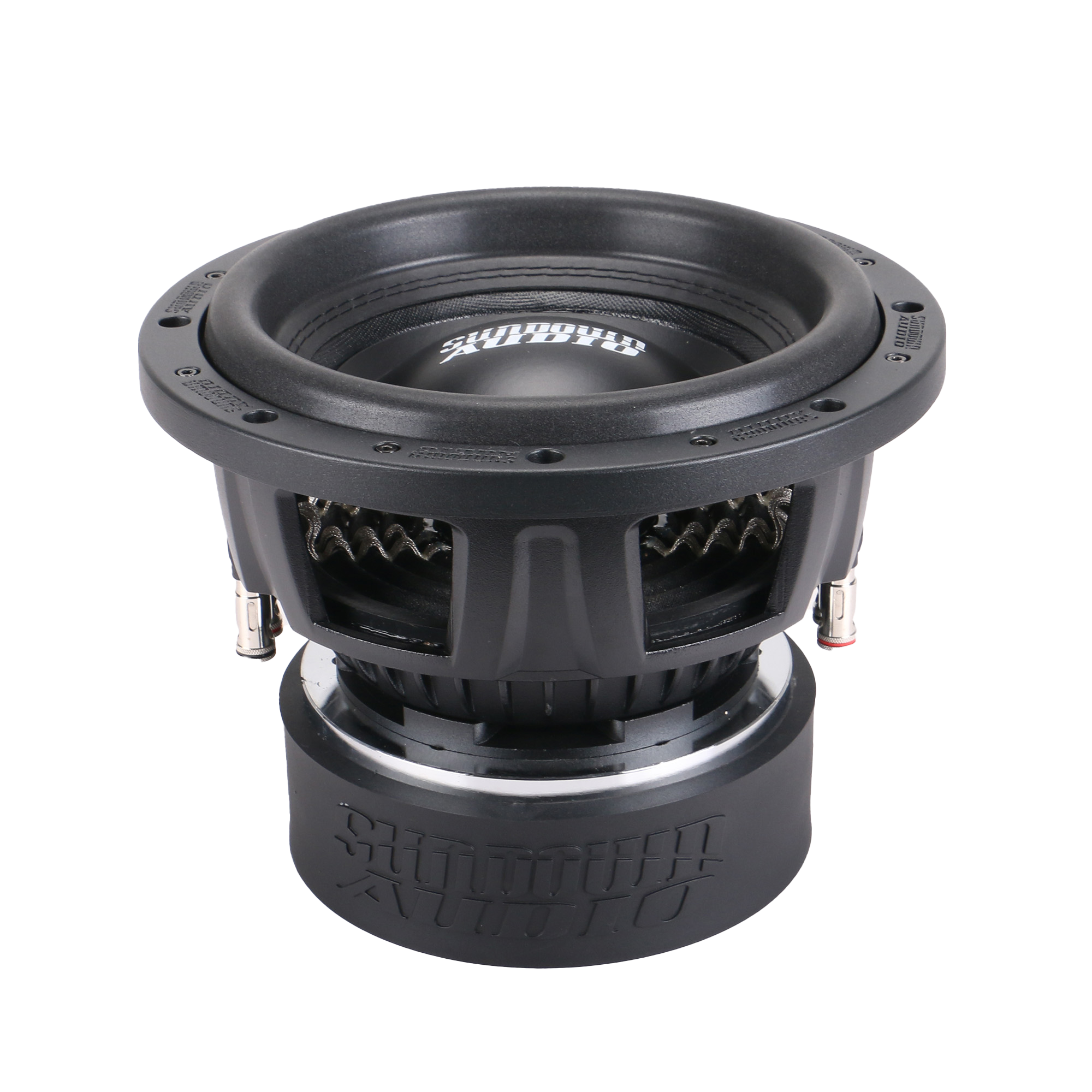 The Sundown Audio SA-Series v.3 10 Subwoofer features a black circular cone with a metal rim and branding at the base. It includes dual voice coils, visible side connecting terminals, and is shown on a white surface that hints at enclosure specs for optimal sound quality.