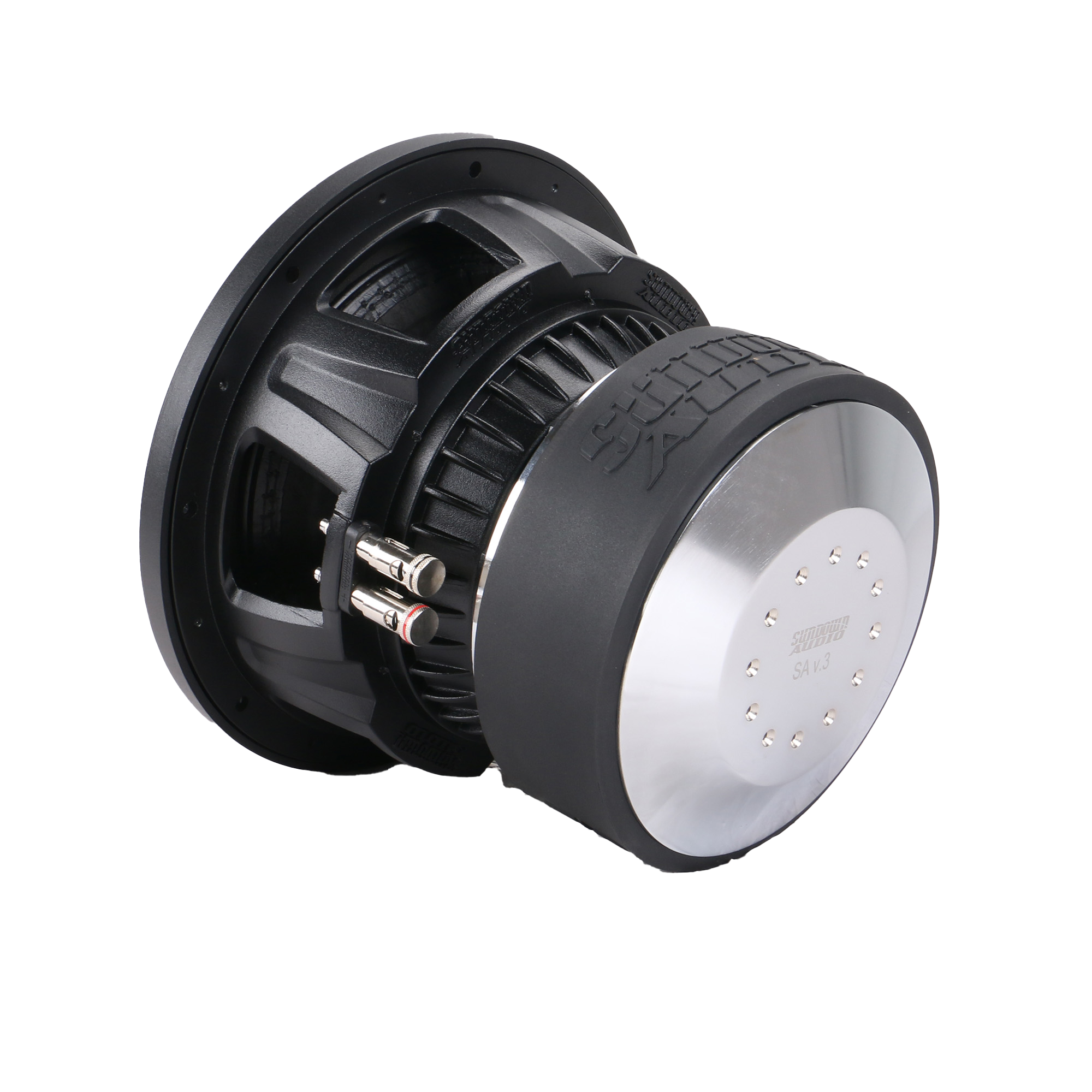 The Sundown Audio SA-Series v.3 10 Subwoofer, in black and silver with a rugged cylindrical design, offers dual voice coils for enhanced performance, visible wiring terminals, and textured surface details. The brand name subtly embossed complements its powerful 1250 watts RMS capability.