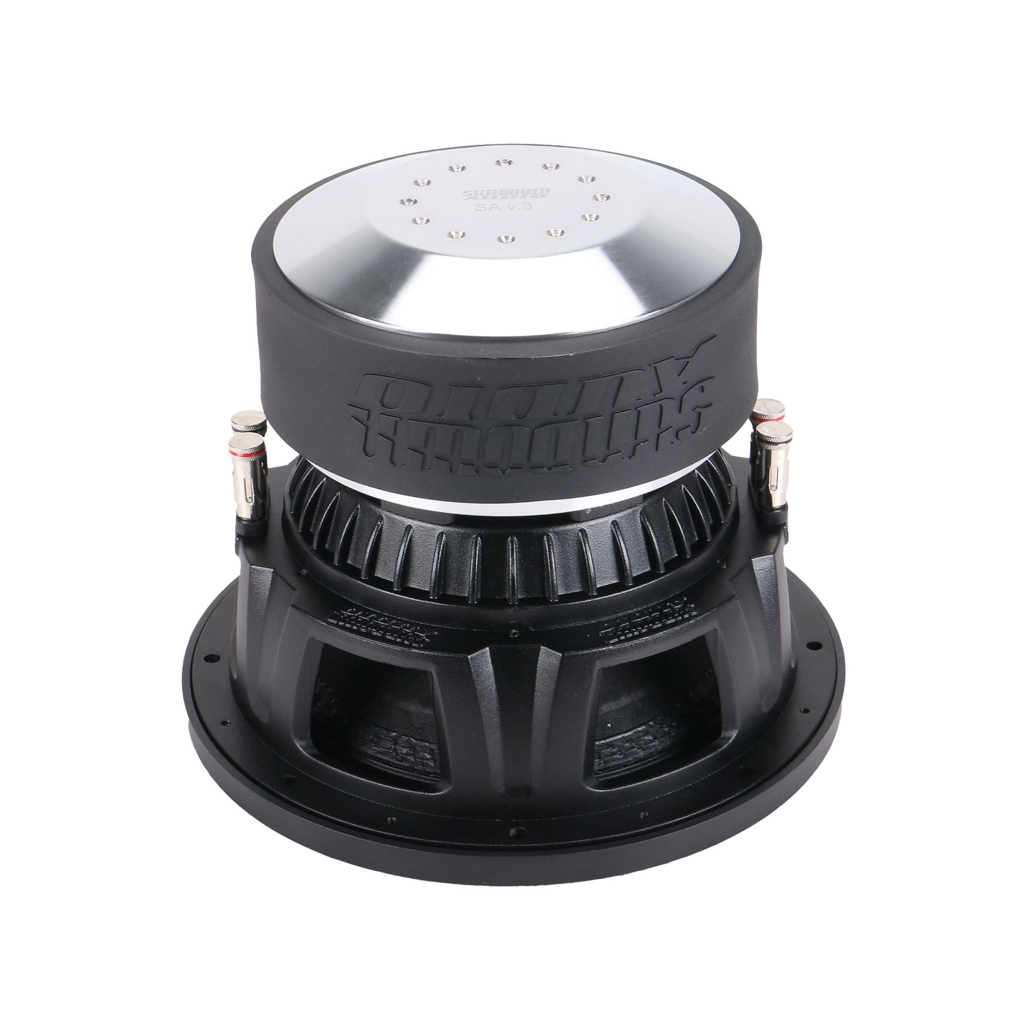 The Sundown Audio SA-Series v.3 10 Subwoofer is large, black, and silver with dual voice coils, connectors, a polished metallic top, and ventilated sides. It delivers deep bass with RMS 1250 watts to enhance audio systems.