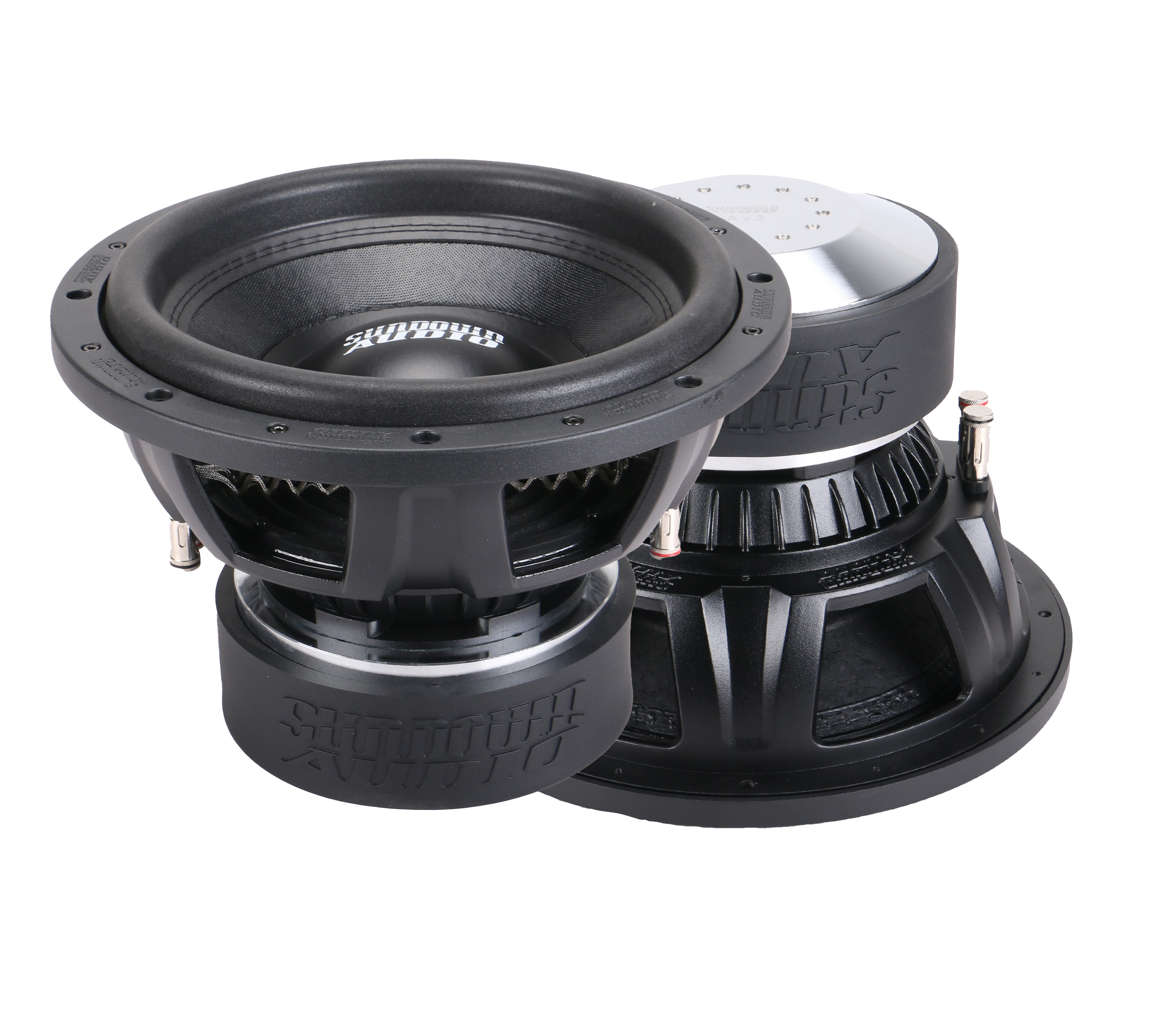 Two Sundown Audio SA-Series v.3 12 subwoofers with dual voice coils, featuring metallic and rubber components, stand side by side on a plain background. Their detailed texture and brand logos enhance the enclosure, showcasing an impressive RMS capability of 1250 watts.