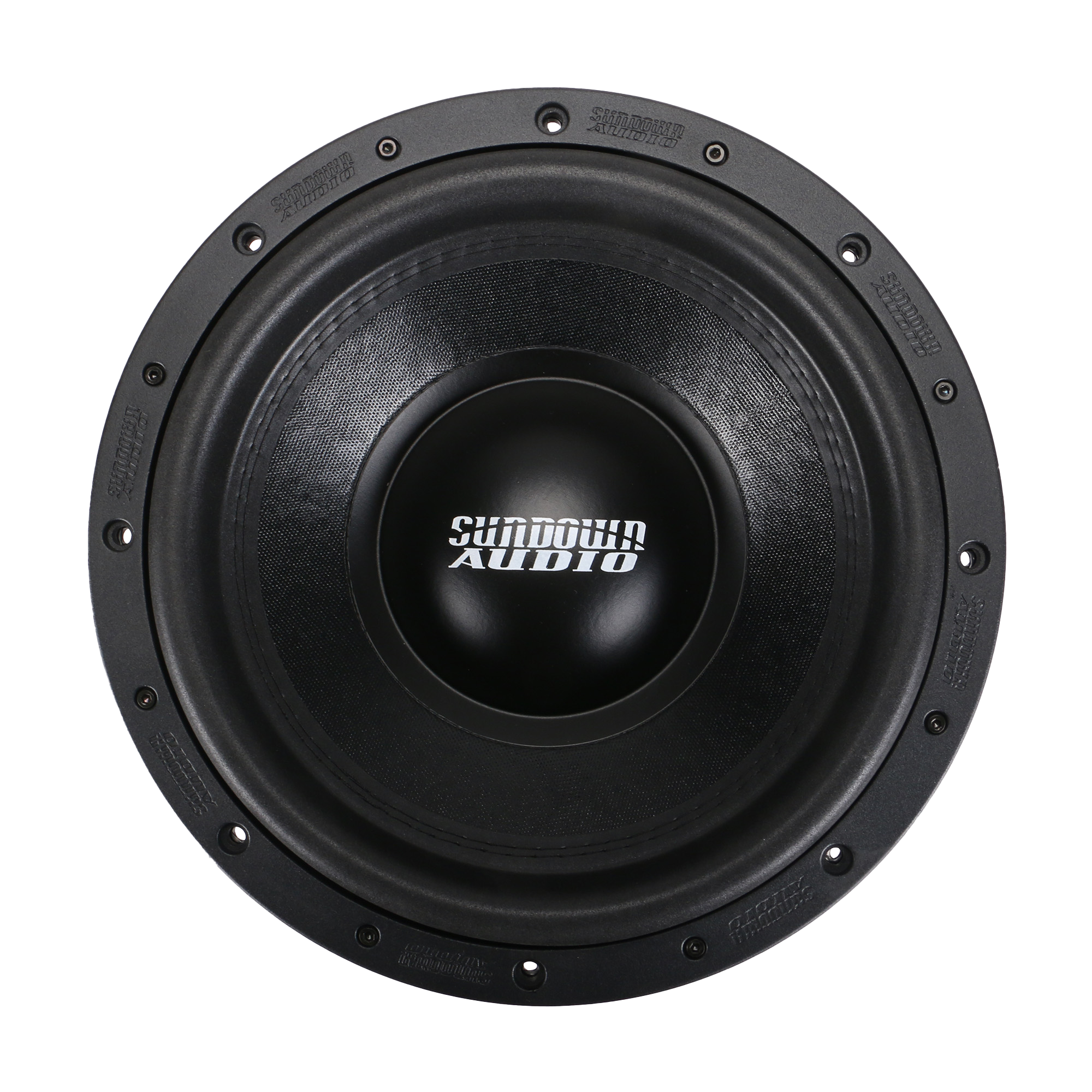 Close-up of a black Sundown Audio SA-Series v.3 12 subwoofer, showcasing its textured cone and multiple mounting holes. Designed for dual voice coils, it complements its robust 1250 watts RMS power perfectly.