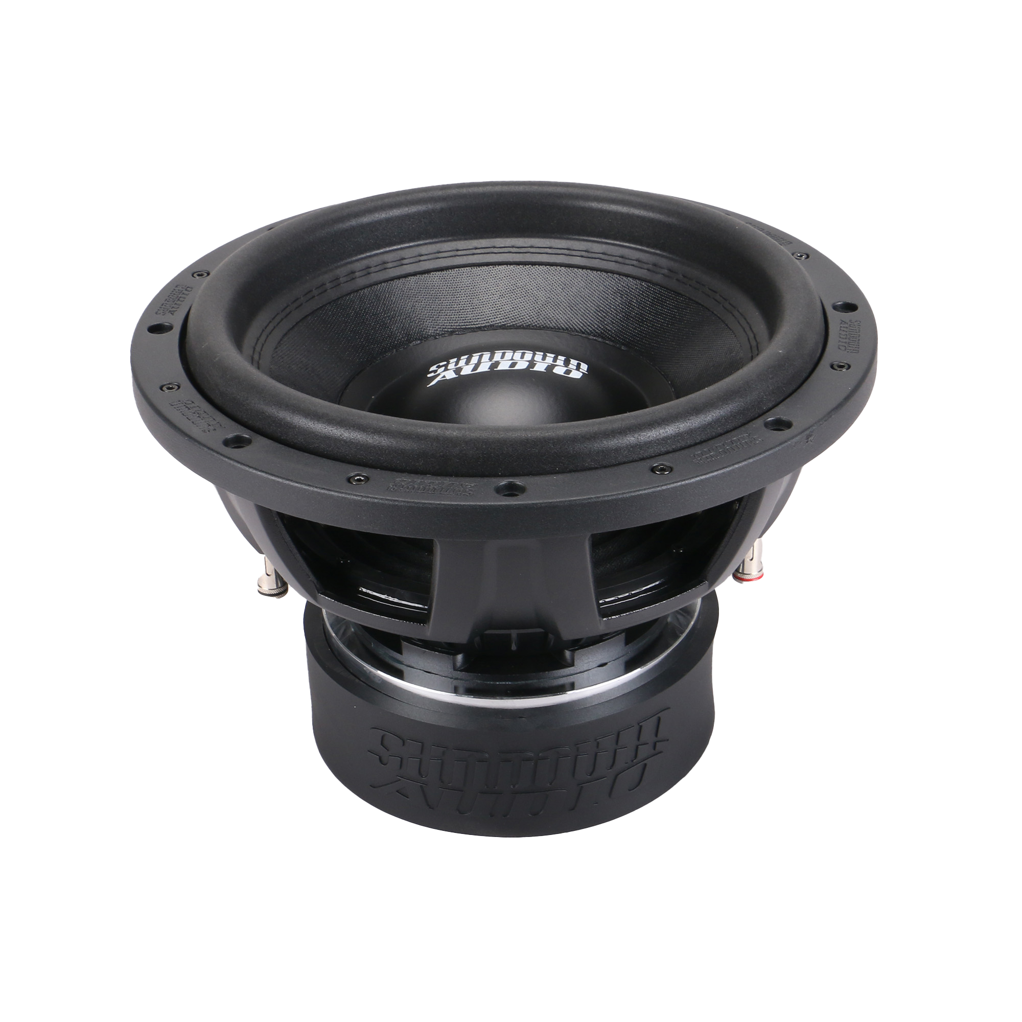 The Sundown Audio SA-Series v.3 12 Subwoofer features a black, round speaker cone with dual voice coils for enhanced precision. Its robust metallic frame and thick edges ensure durability. At the bottom, the brand name and RMS 1250 watts are displayed on a plain white background.