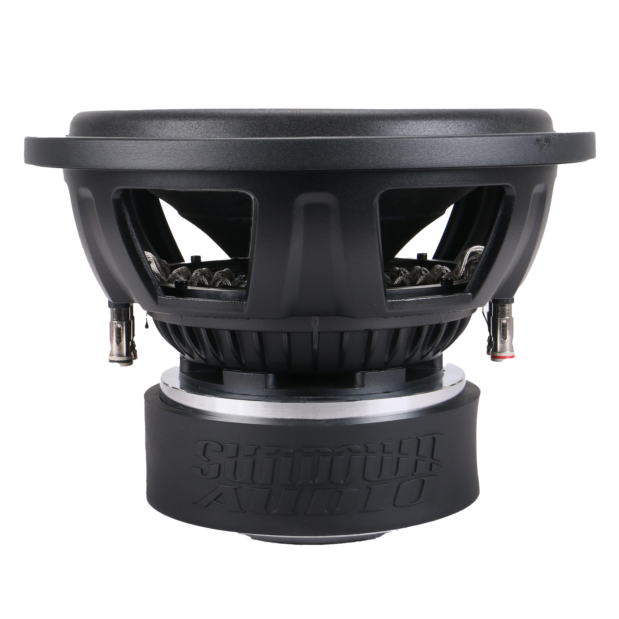 A large black Sundown Audio SA-Series v.3 12 Subwoofer showcases its round, cone shape and dual voice coils against a white backdrop. With 1250 watts RMS, visible internal components and connectors highlight its advanced enclosure specifications.