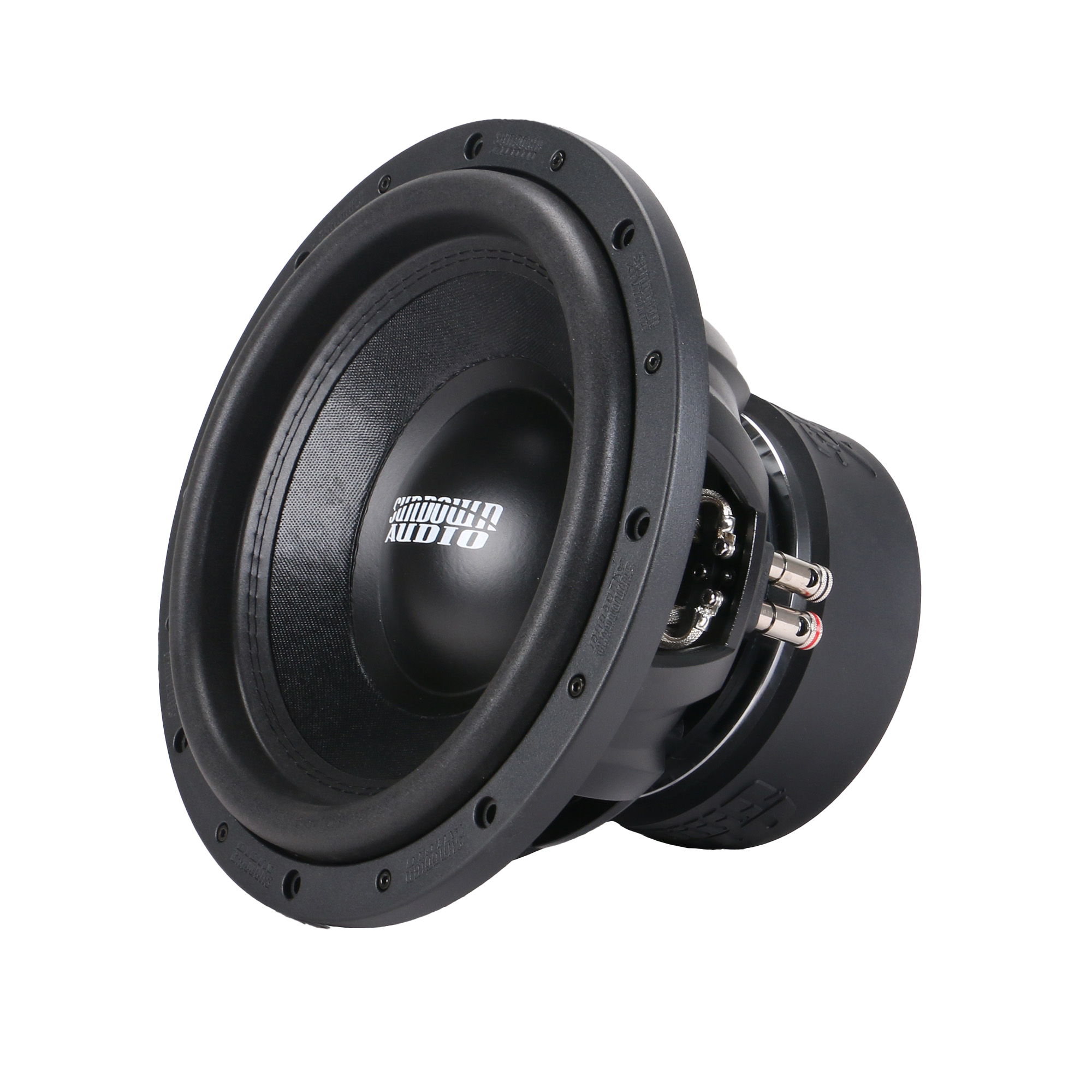 The SA-Series v.3 12 Subwoofer by Sundown Audio is a sleek, modern black speaker featuring dual voice coils, a round cone with bolt hole rims, and a prominent logo on the cone surrounded by visible connections. It delivers RMS 1250 watts of power, standing against a plain white background prepared to deliver powerful sound.