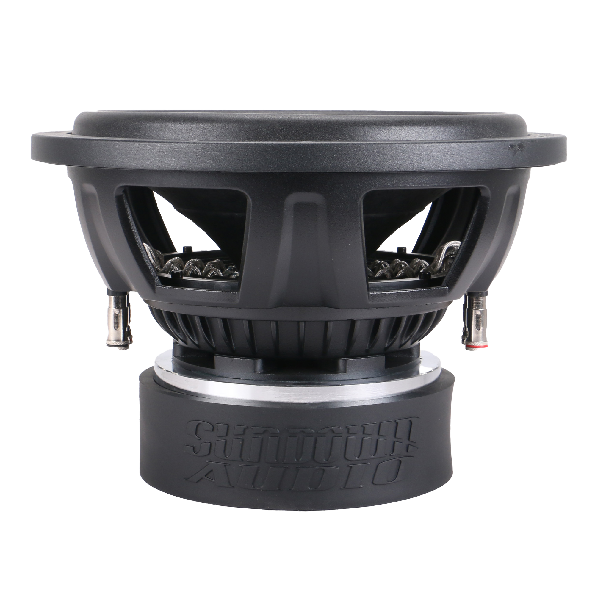 The SA-Series v.3 12 Subwoofer by Sundown Audio features a black, rugged design with visible dual voice coils, 1250 watts RMS, and has Sundown Audio embossed on the bottom panel. It includes a sturdy base and terminals for connection.