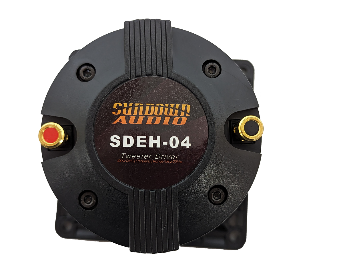 Close-up of a Sundown Audio SDEH-04 Horn Driver, showcasing its black circular design with gold connectors. Designed for PA systems, it features prominently displayed branding and model number and delivers 100W power.