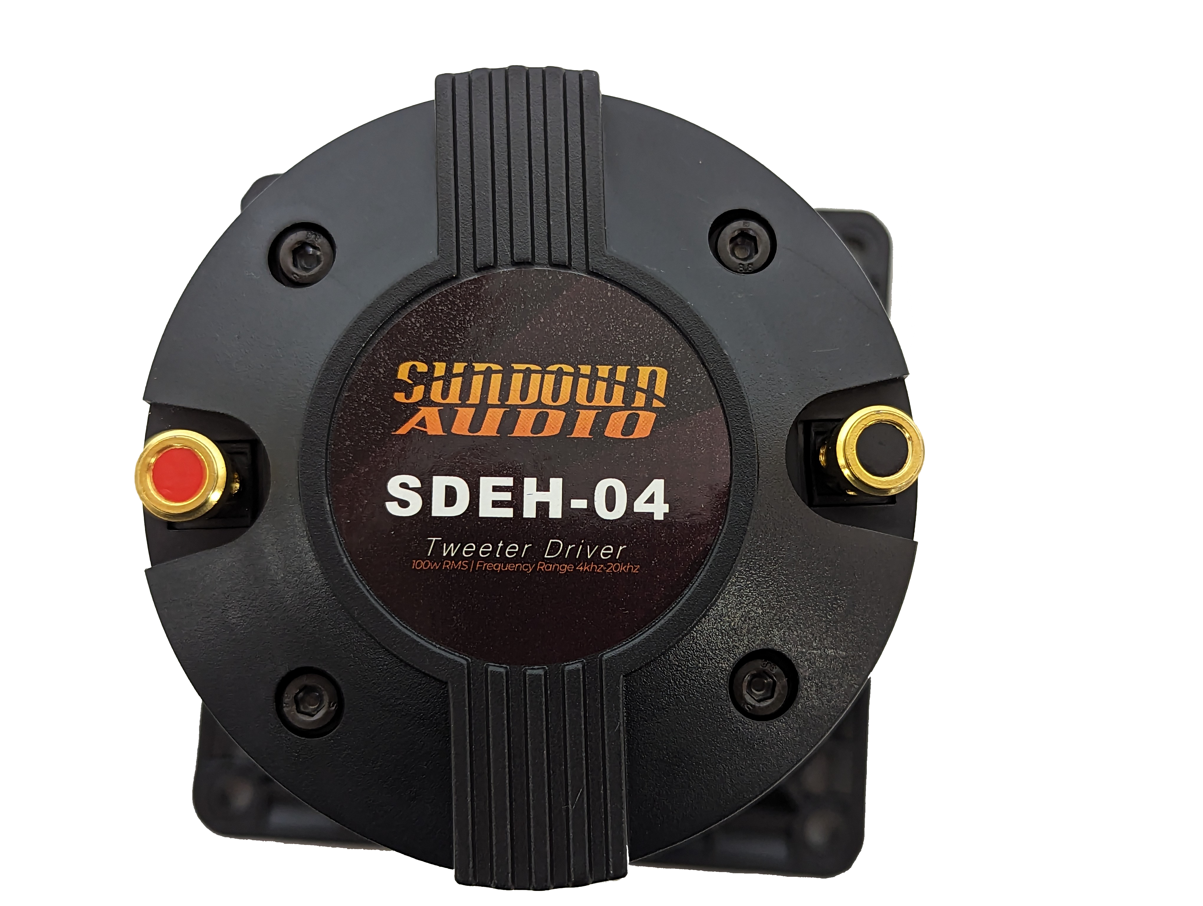 Close-up of a Sundown Audio SDEH-04 Horn Driver, showcasing its black circular design with gold connectors. Designed for PA systems, it features prominently displayed branding and model number and delivers 100W power.