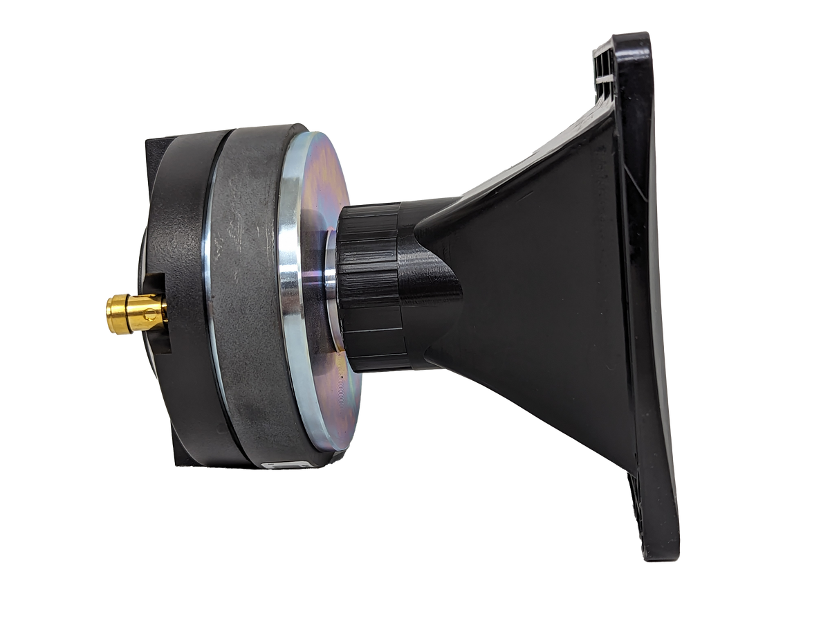 The SDEH-04 Horn Driver by Sundown Audio features a sleek black and metallic conical shape with a gold connector. Its wide base rests horizontally on a white background, promising crystal-clear sound quality as part of a PA system.