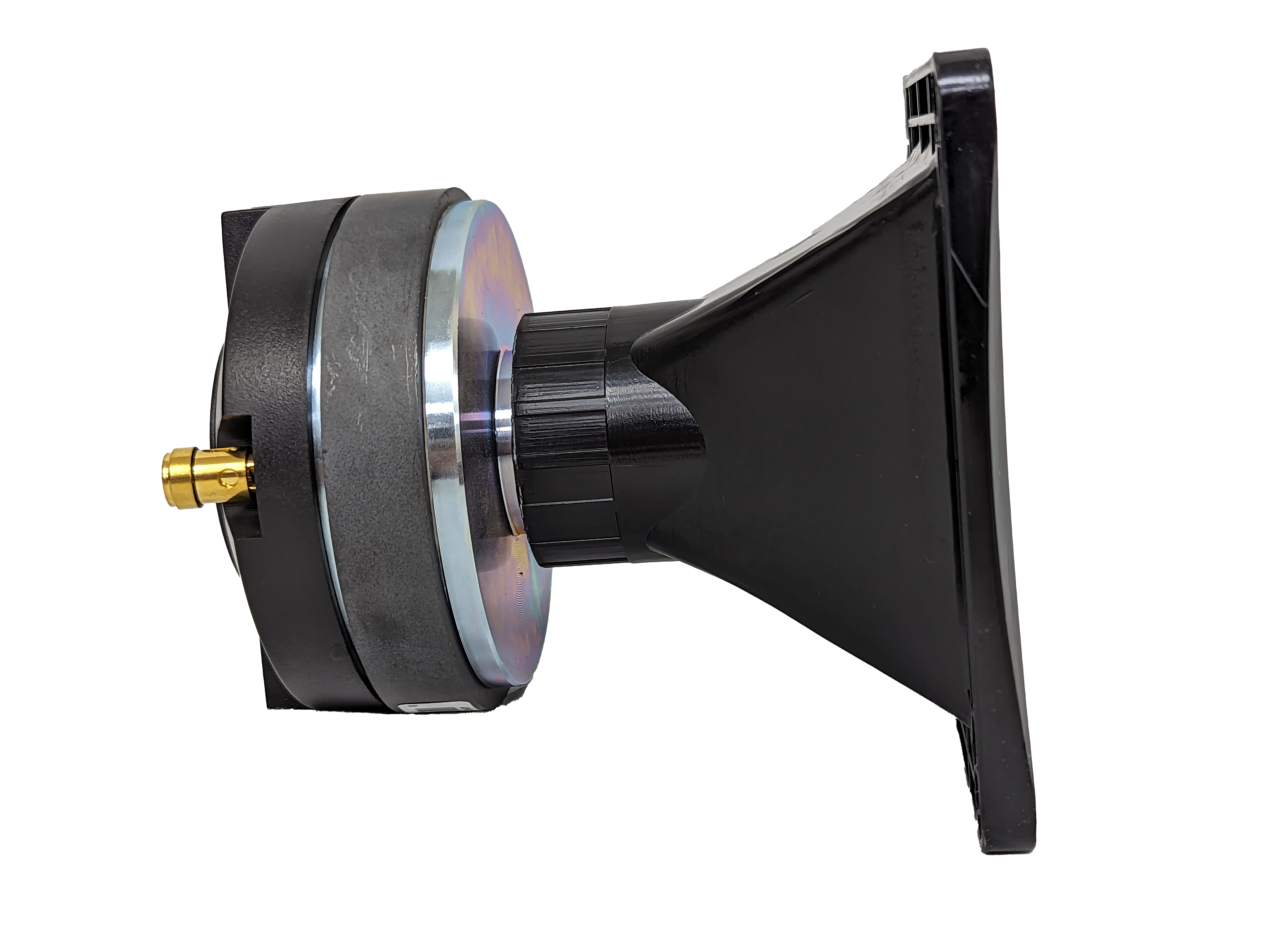 The SDEH-04 Horn Driver by Sundown Audio features a sleek black and metallic conical shape with a gold connector. Its wide base rests horizontally on a white background, promising crystal-clear sound quality as part of a PA system.