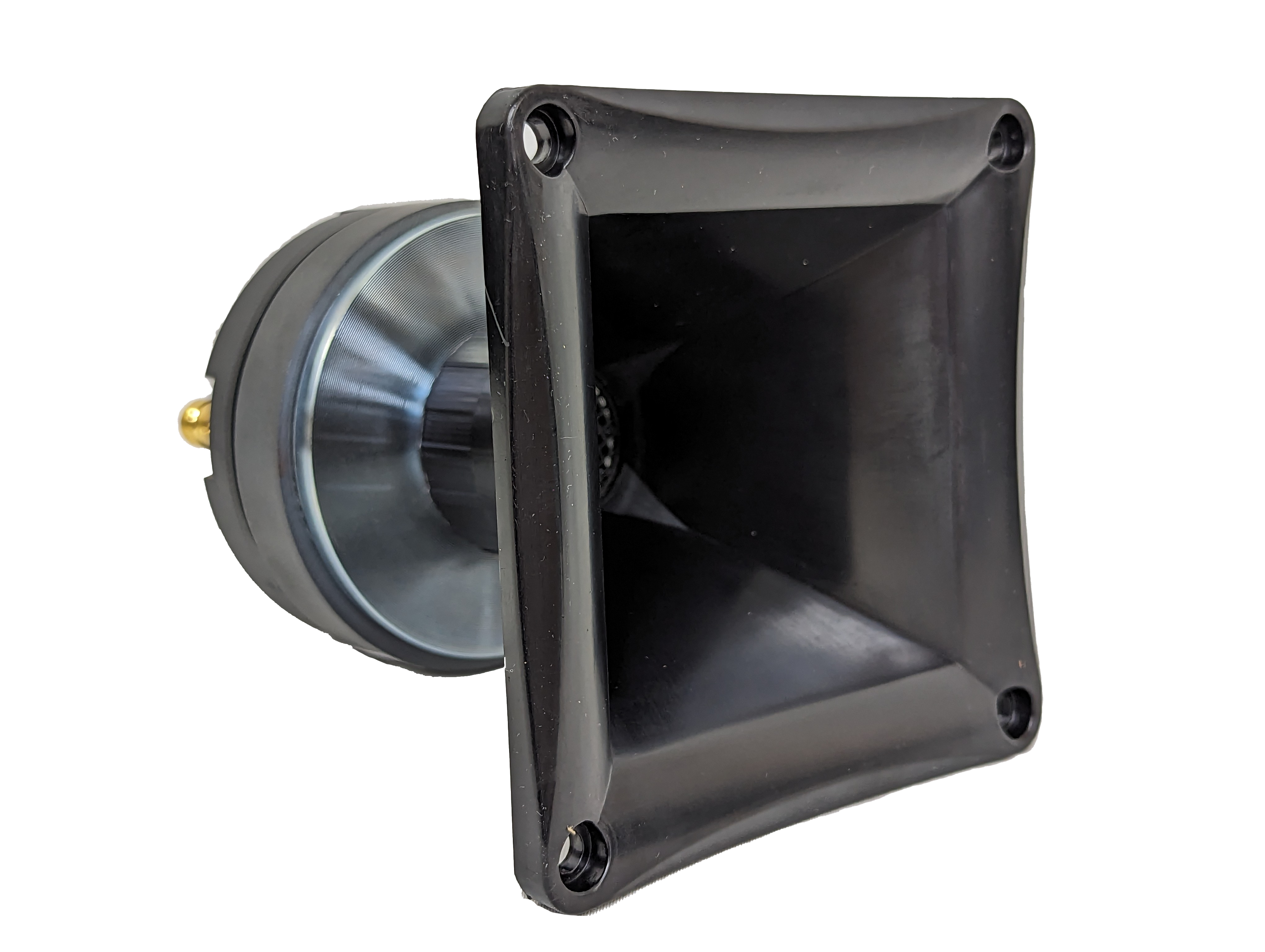 The SDEH-04 Horn Driver by Sundown Audio is a black, square horn featuring a flared opening and circular base with a metal component. Its smooth, glossy surface complements PA systems, and its sleek design showcases powerful 100W capabilities against a white background.