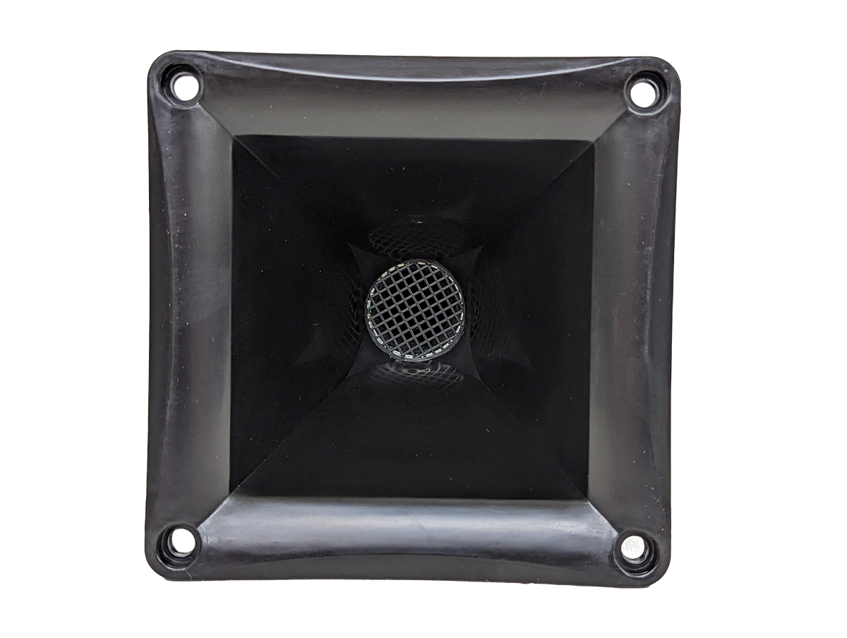 The Sundown Audio SDEH-04 Horn Driver features a black square speaker horn with a central mesh opening and four holes for mounting. With its funnel-like design, its ideal for 100W PA systems, guiding sound from the mesh outward like the Sundown horn series.