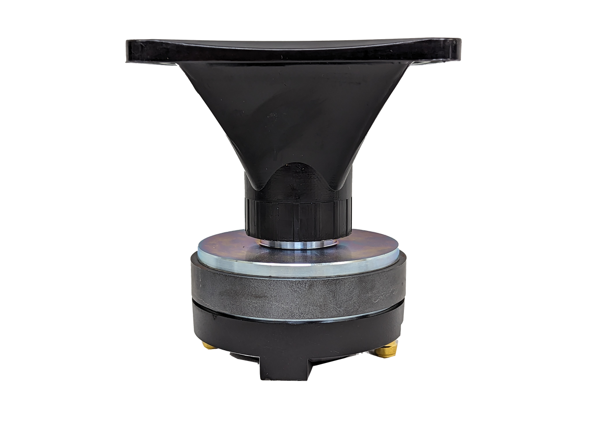 The Sundown Audio SDEH-04 Horn Driver, a black mechanical device with a wide funnel-shaped top and cylindrical base resembling a 100W horn driver, is depicted isolated against a white background.