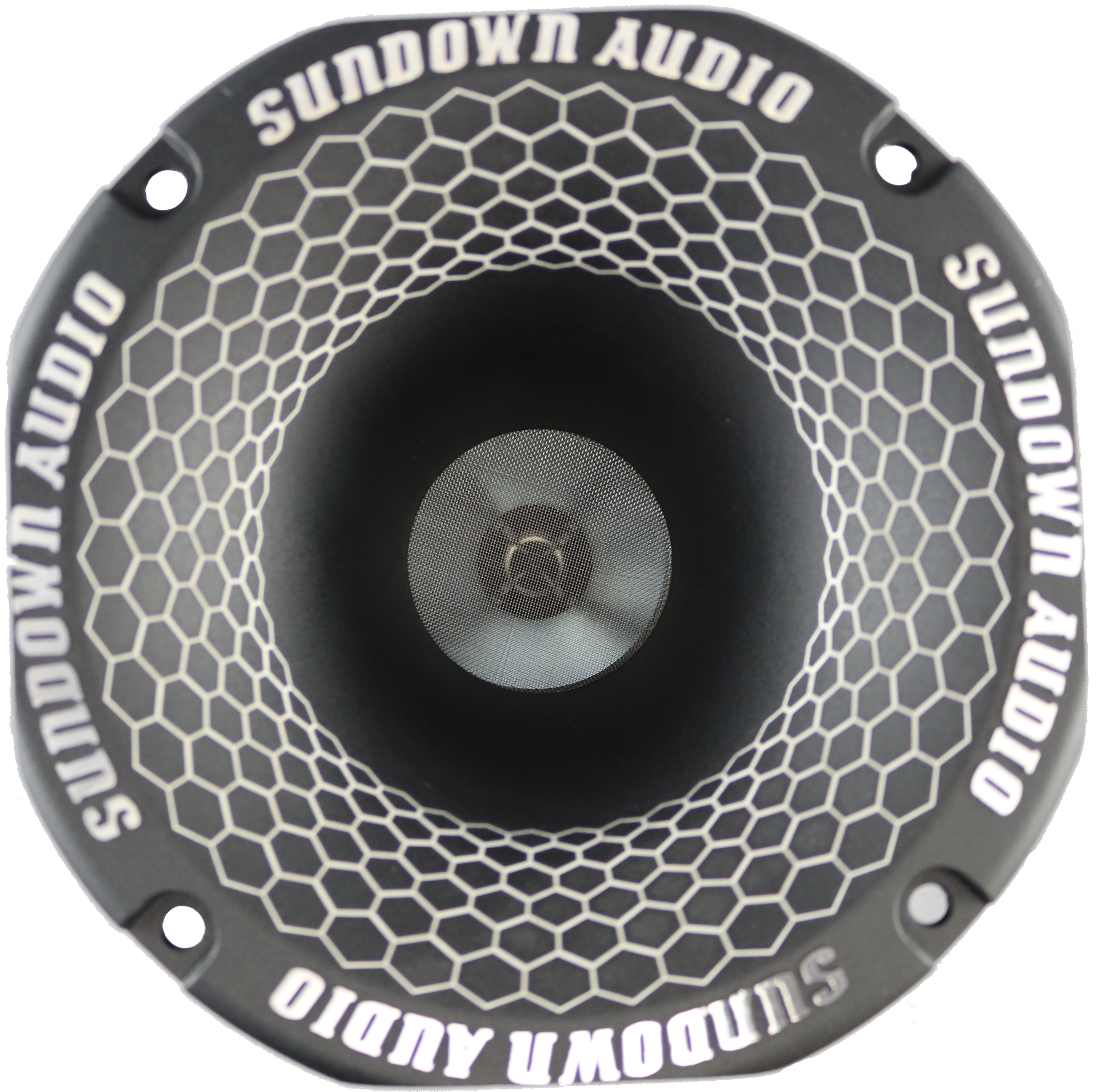 Close-up of the SHFST 2 Throat Super Horn by Sundown Audio, featuring a hexagonal pattern around the edge. The horn driver, with a perfectly centered cone, showcases its wide frequency range and ferrite magnet.