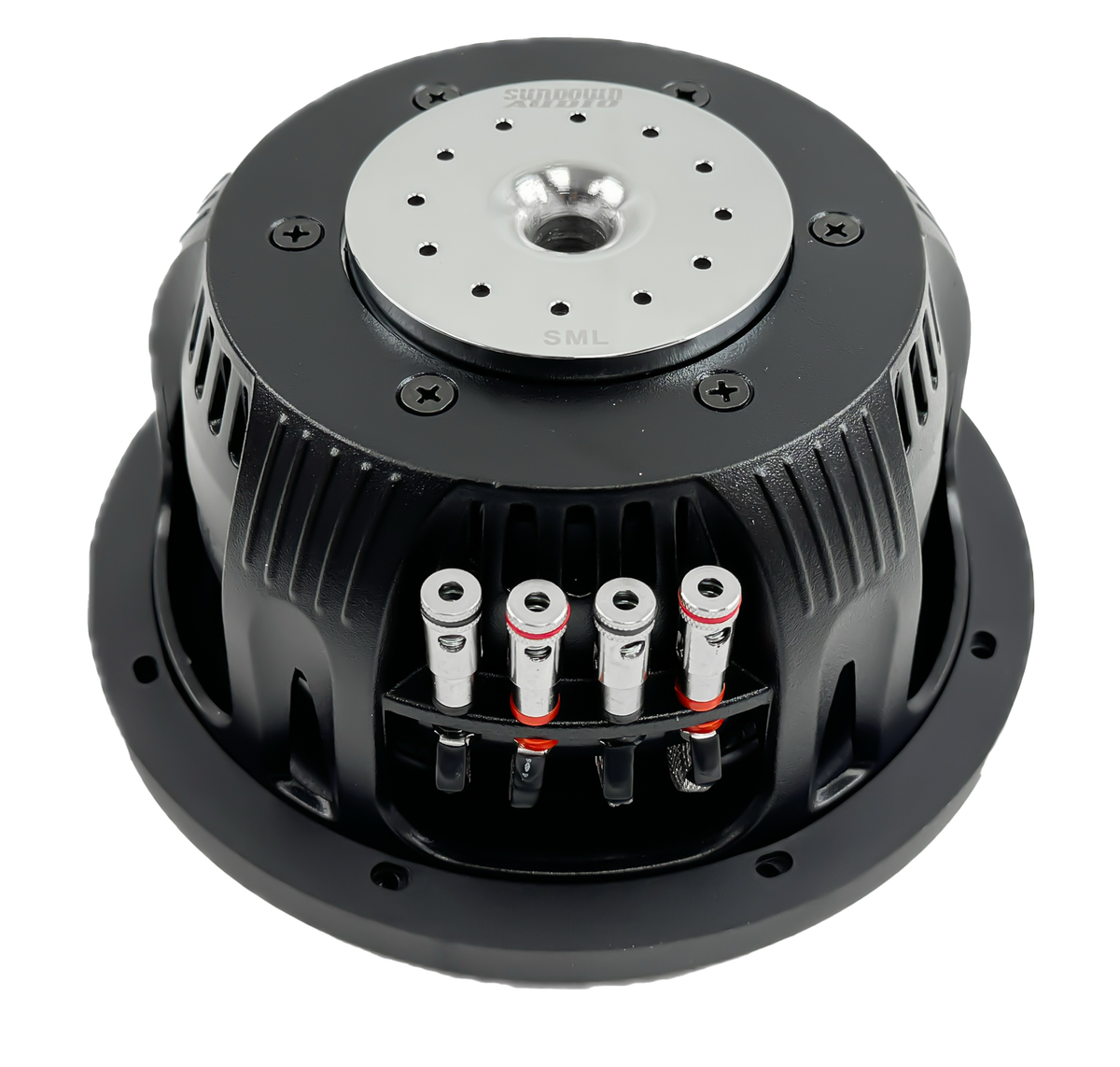 Close-up of Sundown Audios SML-Series 8” Thin Subwoofer, a sleek black device with a metallic center featuring small holes and surrounded by vertical fins. Four metallic terminals with red and black wires are visible at the base.