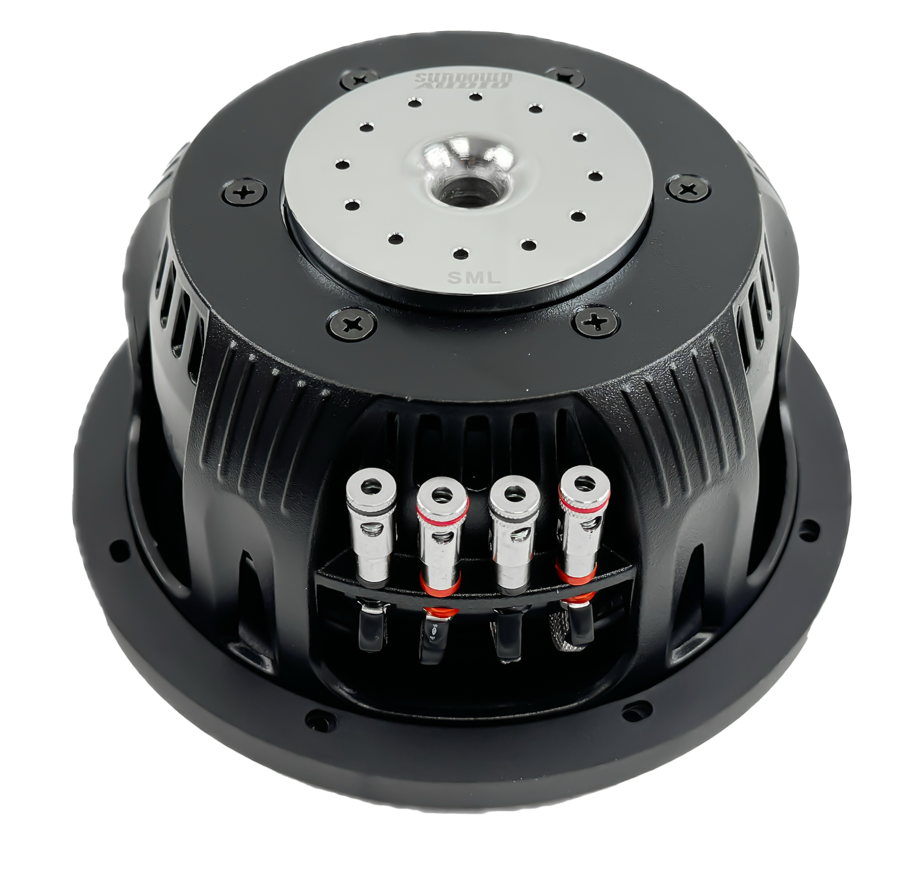 Close-up of Sundown Audios SML-Series 8” Thin Subwoofer, a sleek black device with a metallic center featuring small holes and surrounded by vertical fins. Four metallic terminals with red and black wires are visible at the base.