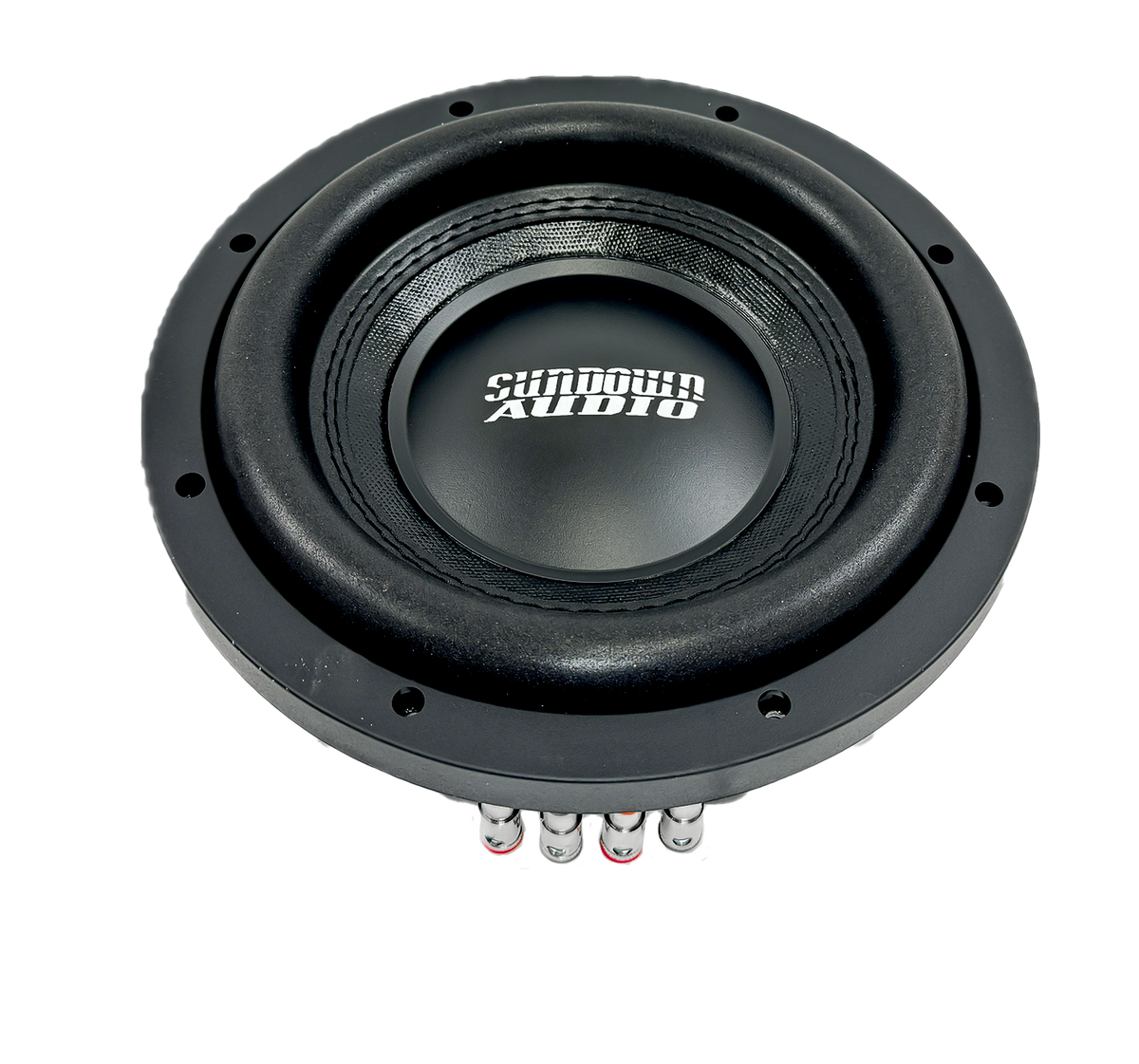 The SML-Series 8” Thin Subwoofer by Sundown Audio is round and black with SUNDOWN AUDIO in white on the center cone. It has a sturdy surround, visible screw holes for mounting, and a reflective finish on the bottom.