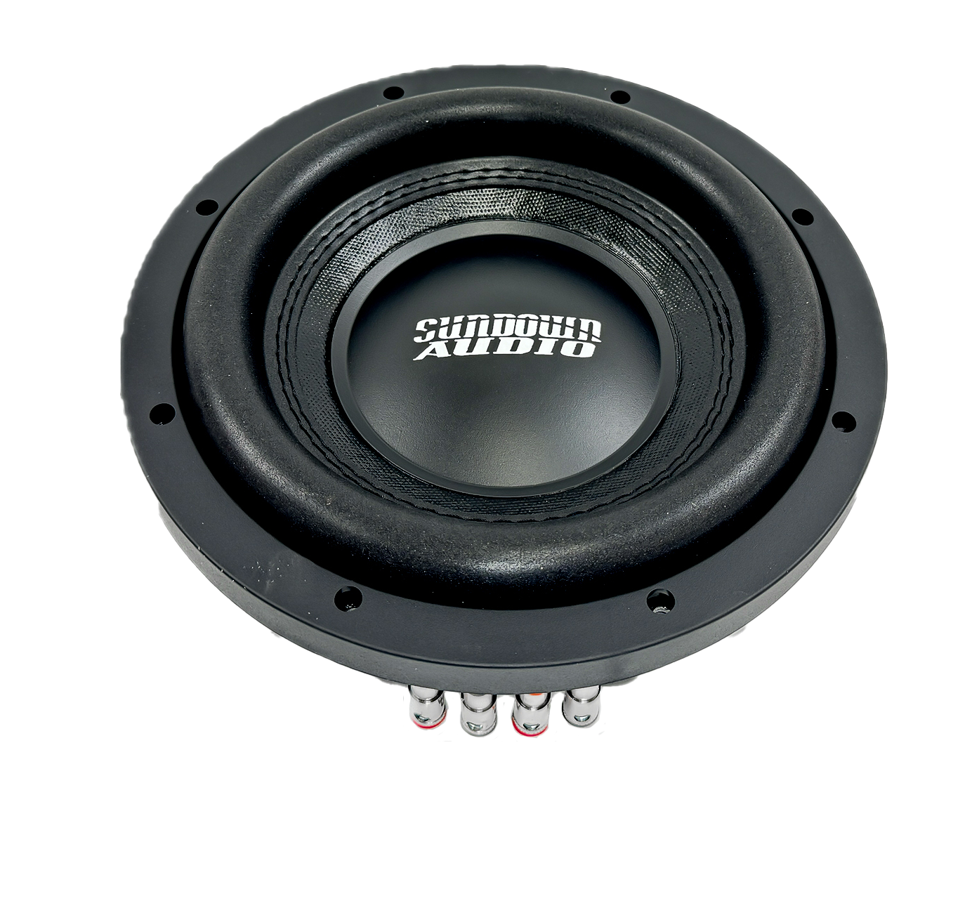 The SML-Series 8” Thin Subwoofer by Sundown Audio is round and black with SUNDOWN AUDIO in white on the center cone. It has a sturdy surround, visible screw holes for mounting, and a reflective finish on the bottom.
