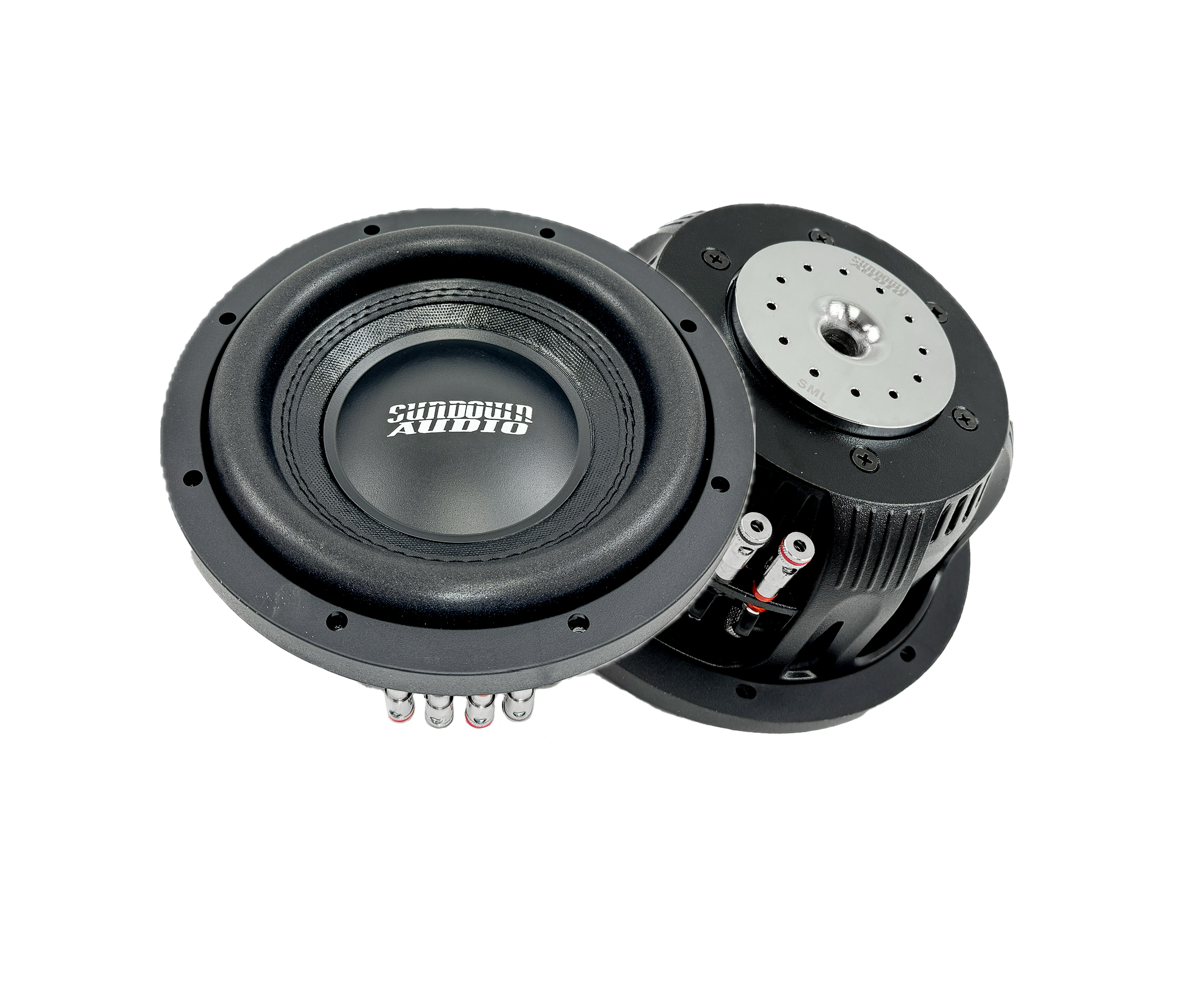 Two black Sundown Audio SML-Series 8” Thin Subwoofers are set against a white background; one shows the Sundown Audio label face up, while the other displays the back with its metallic magnet and connection points, emphasizing their exceptional design and quality.