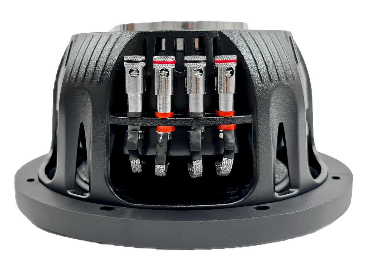 The image shows a black, round SML-Series 8” Thin Subwoofer from Sundown Audio, featuring multiple silver and red connectors at its center. Its vented design hints at an electronic or mechanical function, and the white background accentuates its intricate details.