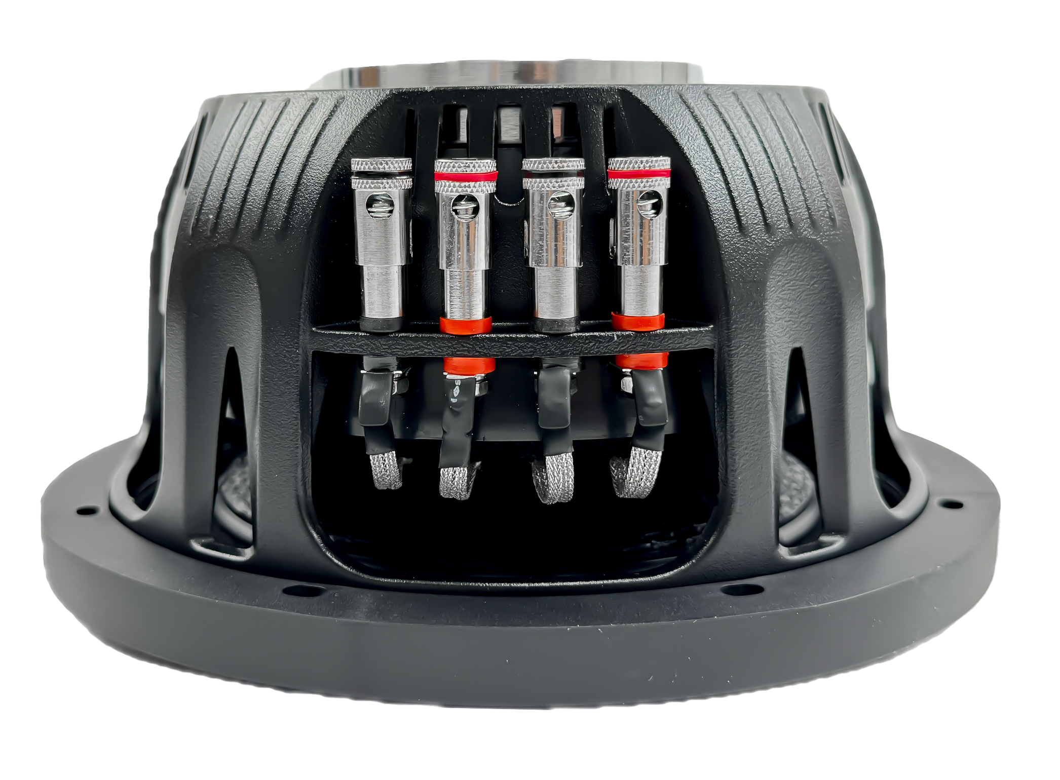 The image shows a black, round SML-Series 8” Thin Subwoofer from Sundown Audio, featuring multiple silver and red connectors at its center. Its vented design hints at an electronic or mechanical function, and the white background accentuates its intricate details.