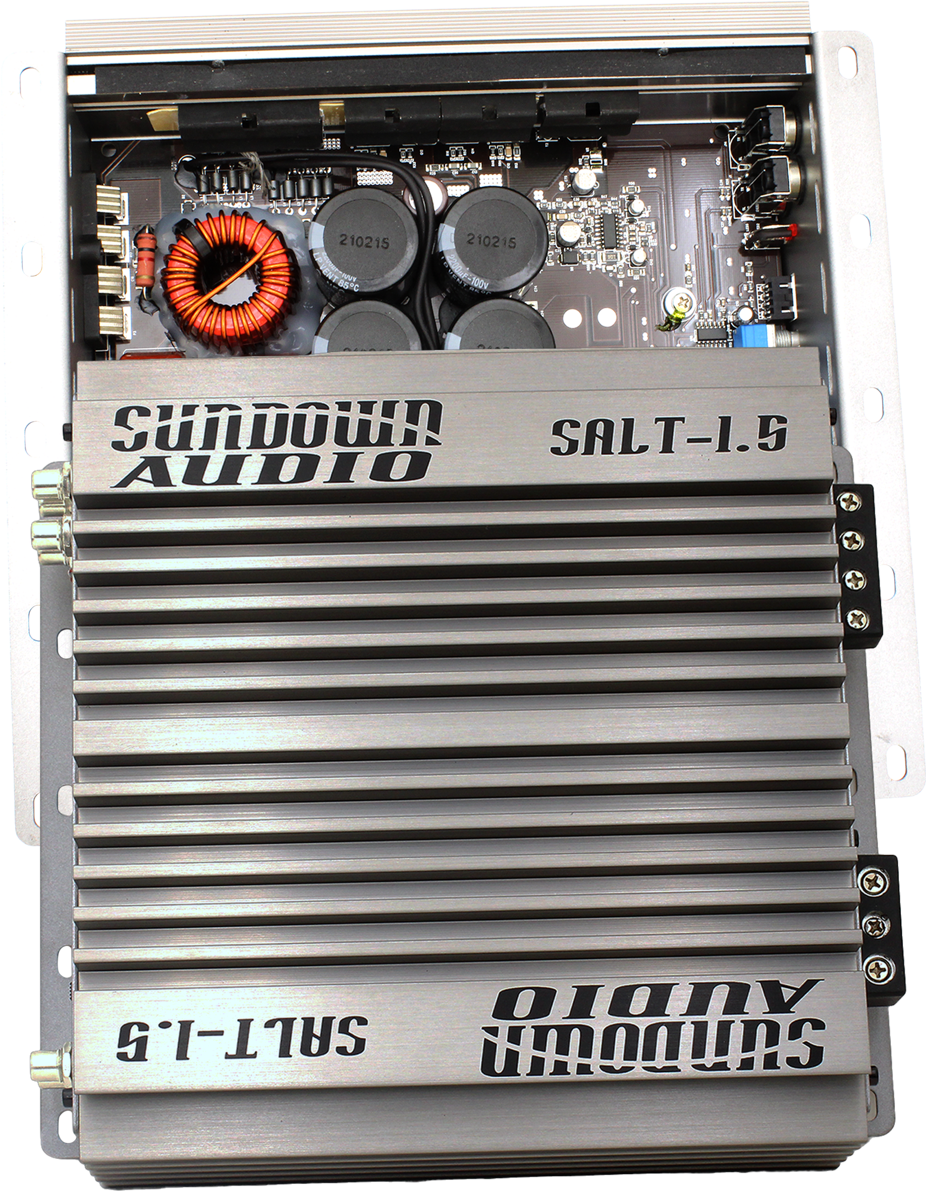 An overhead shot of the Sundown Audio SALT-1.5 Class D Amplifier reveals its metallic finish and prominent logo, along with an internal circuit board featuring coils, capacitors, and advanced subsonic filter tech for improved performance.
