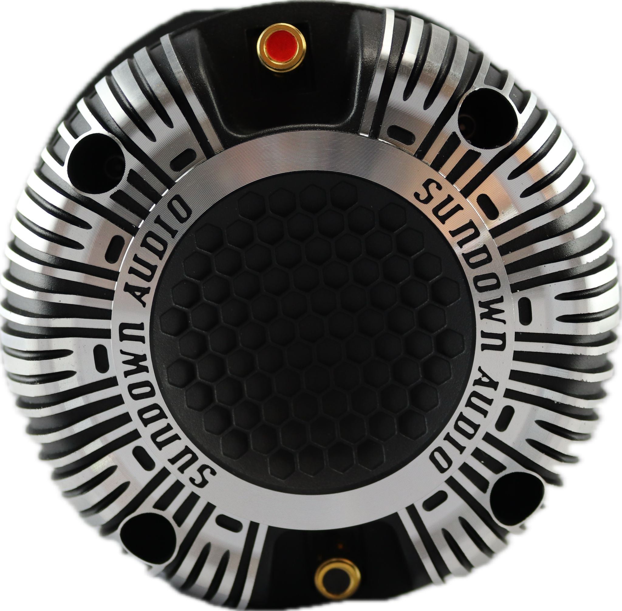 A close-up of the Sundown Audio SHFST 2 Throat Super Horn With Ferrite Magnet shows metallic accents and a hexagonal pattern in the center, highlighting its titanium diaphragm. The brand name is elegantly embossed around the edge.