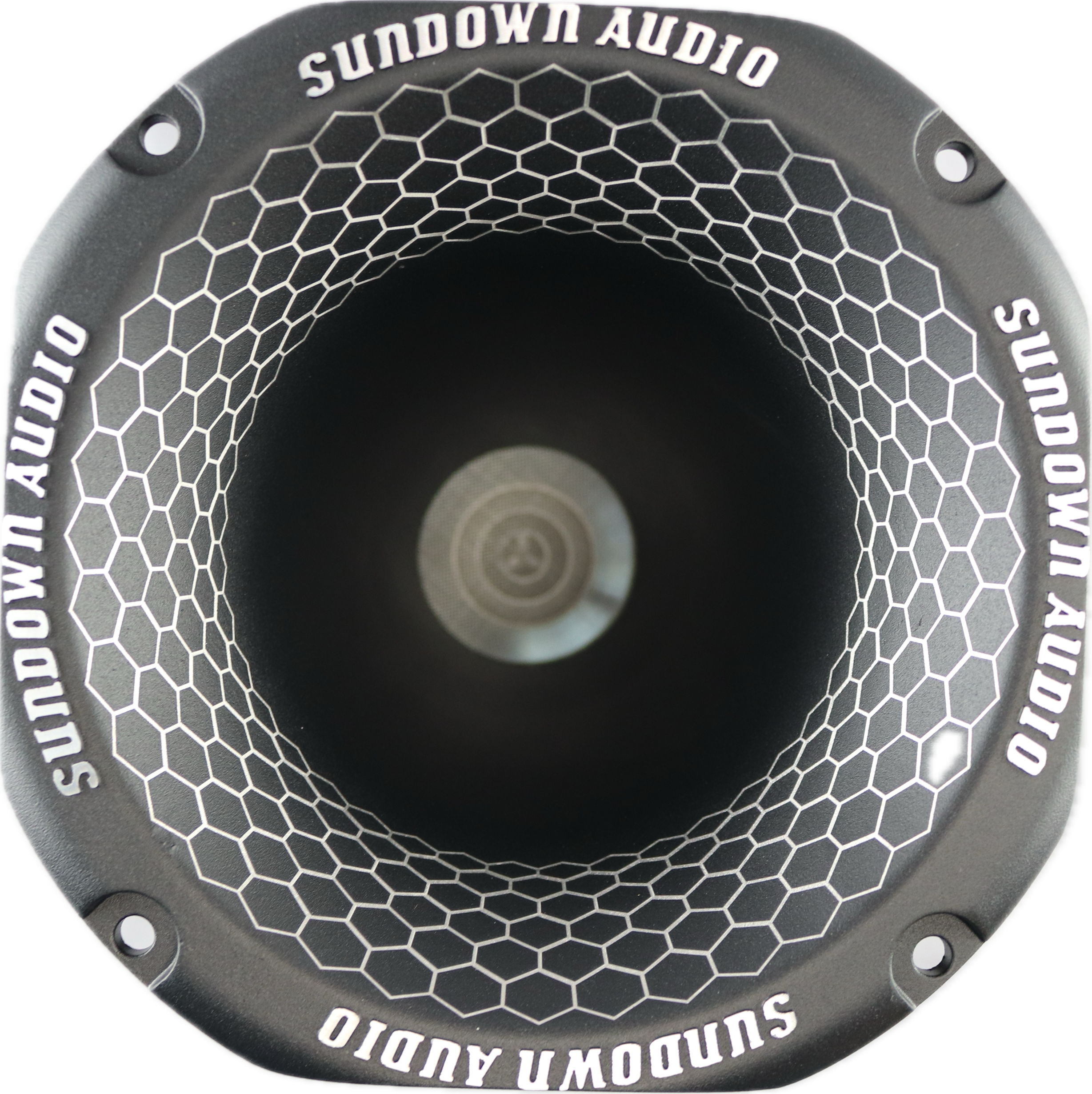 A close-up of the Sundown Audio SHNMD 2 Throat NEO Super Horn showcases its die-cast aluminum frame with a honeycomb pattern and Sundown Audio elegantly printed around the edge, promising premium sound quality.