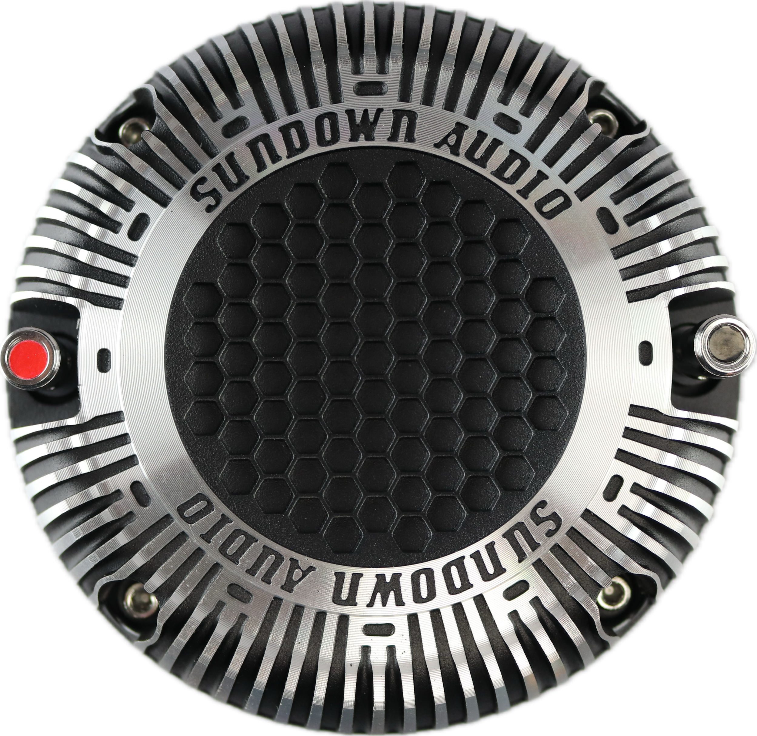 Close-up of a SHNMD 2 Throat NEO Super Horn speaker by Sundown Audio. The circular device has a honeycomb-patterned grille with metallic fins, enhanced by a neodymium magnet, and features red and black connectors on opposite sides. Sundown Audio is printed twice around the edge.