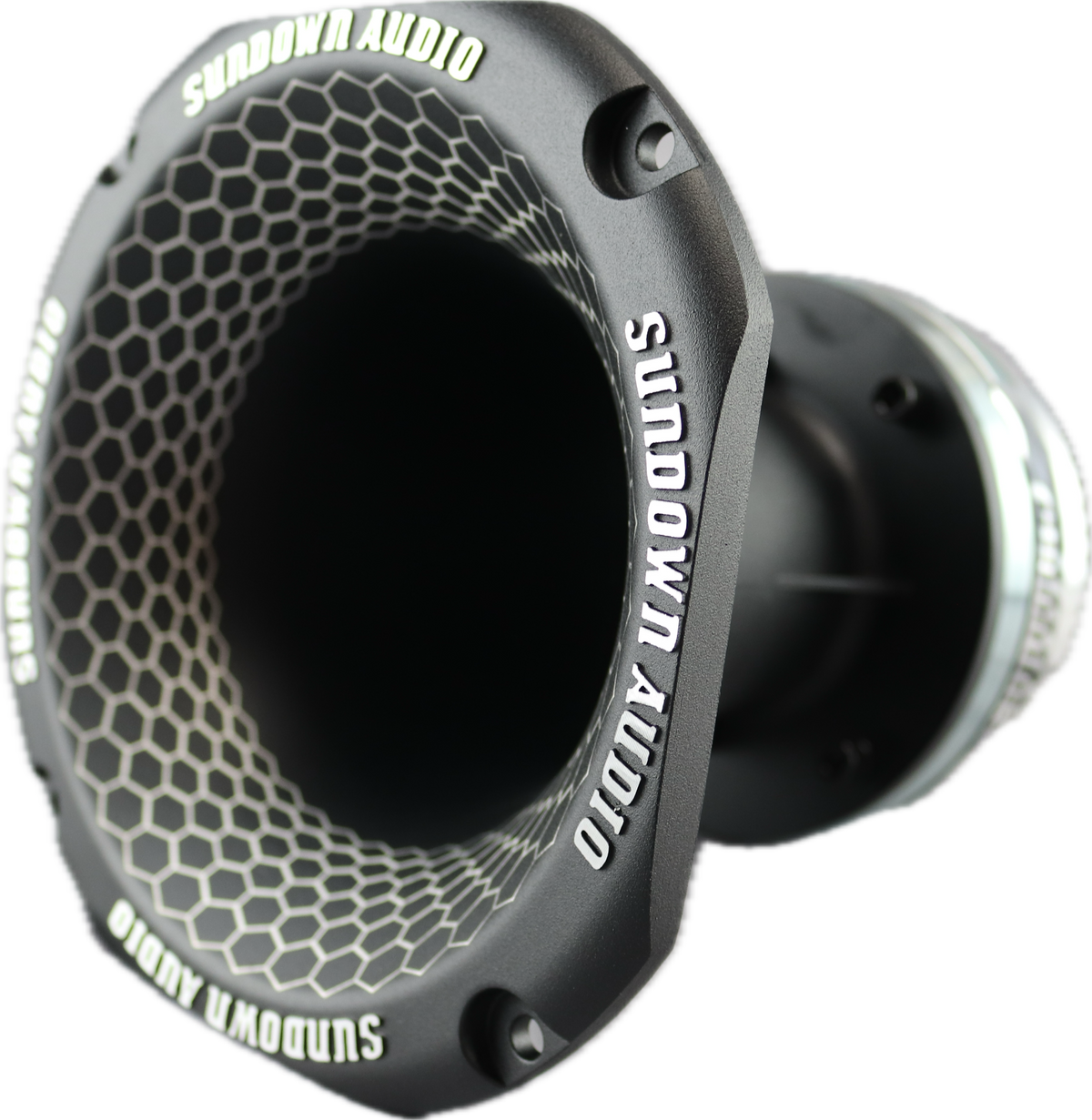 Close-up of Sundown Audios SHNMD 2 Throat NEO Super Horn, featuring a hexagonal grille design and die-cast aluminum frame. The words Sundown Audio are prominently displayed around the edge, while its powerful neodymium magnet enhances the sleek, modern aesthetic.