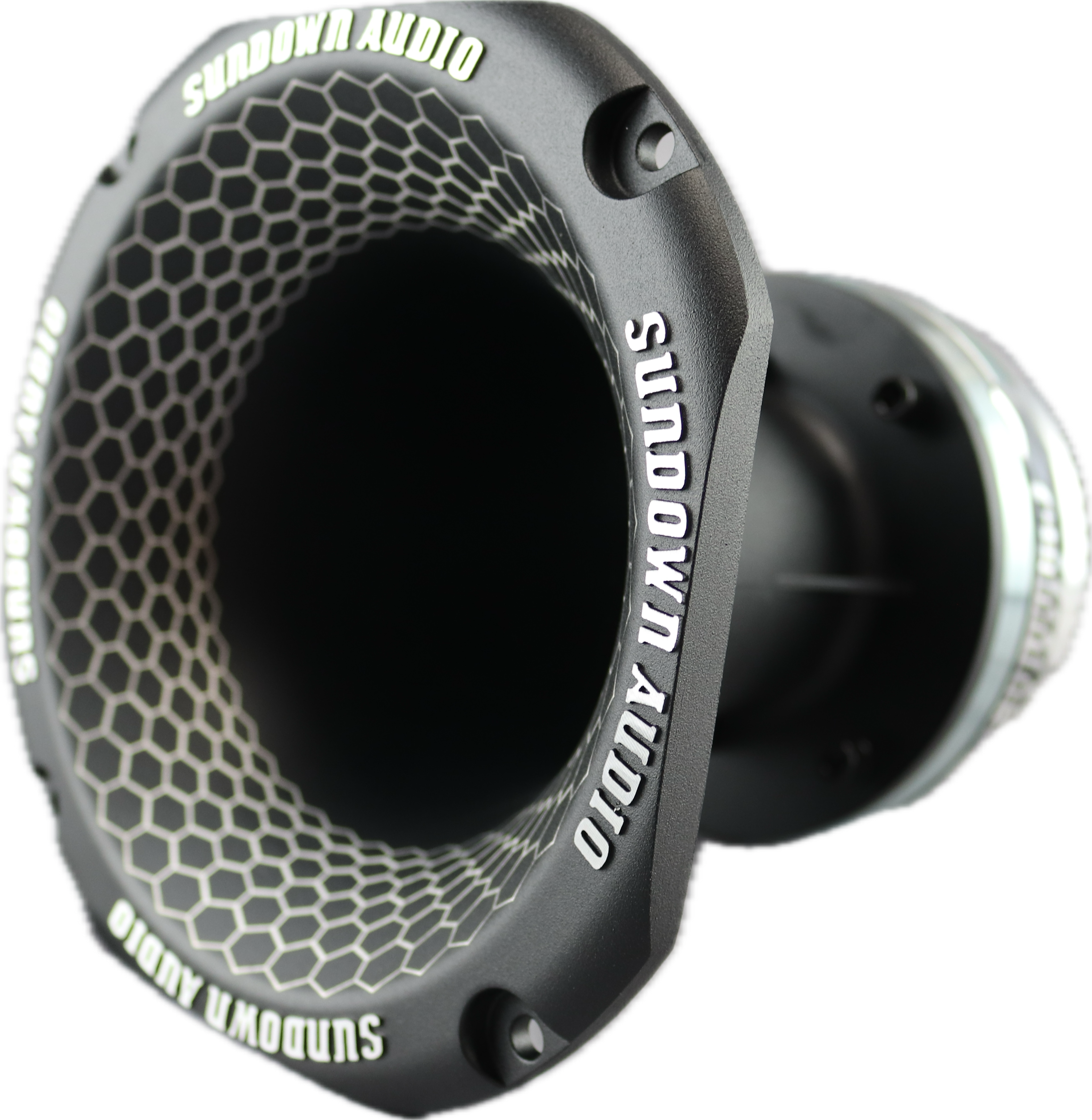 Close-up of Sundown Audios SHNMD 2 Throat NEO Super Horn, featuring a hexagonal grille design and die-cast aluminum frame. The words Sundown Audio are prominently displayed around the edge, while its powerful neodymium magnet enhances the sleek, modern aesthetic.