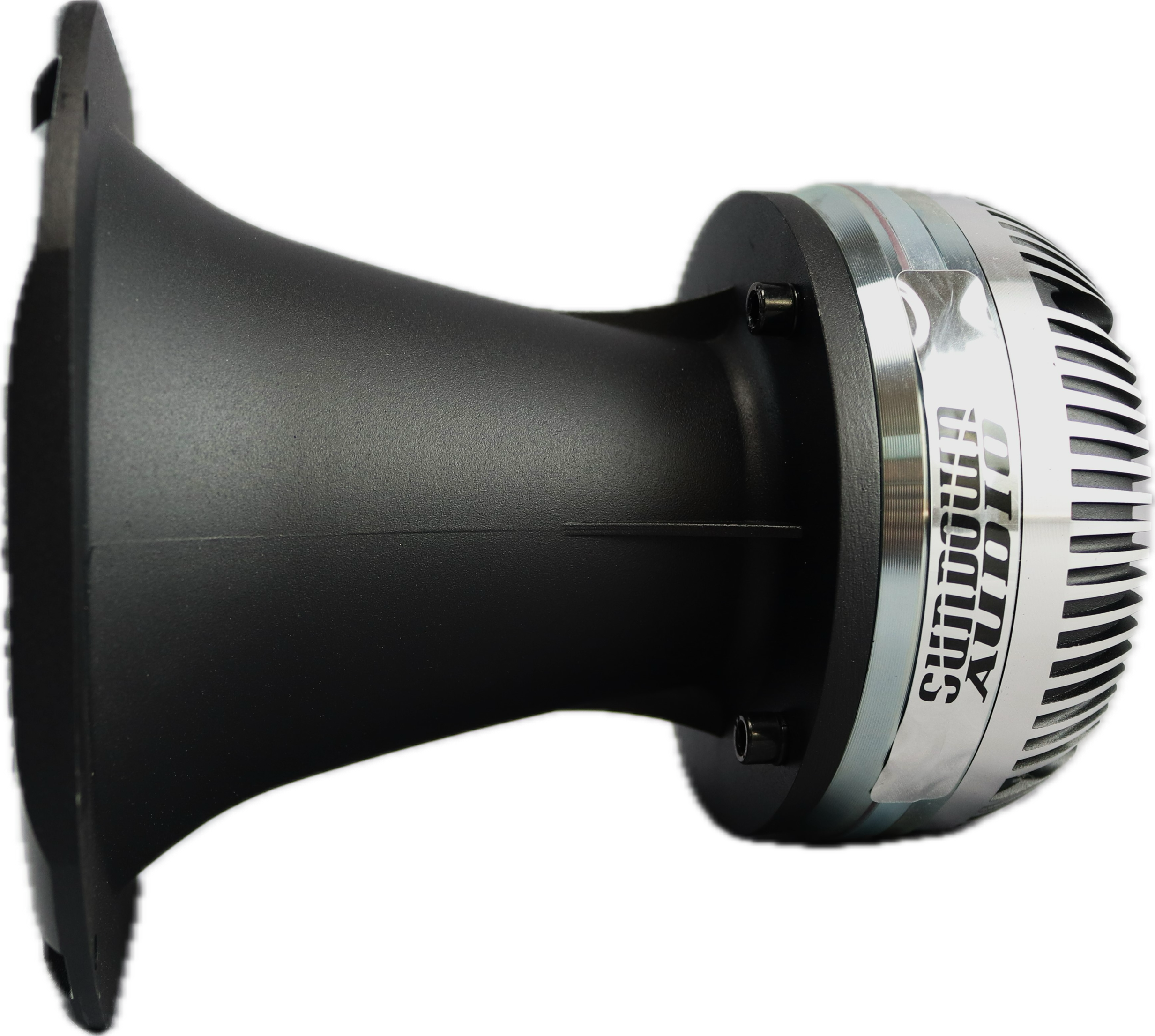 The SHNMD 2 Throat NEO Super Horn by Sundown Audio boasts a black and silver design with a wide flared opening on the left and a cylindrical body on the right. Made from die-cast aluminum, it features STX Brooks on its silver band and includes a powerful horn driver for superb audio clarity.