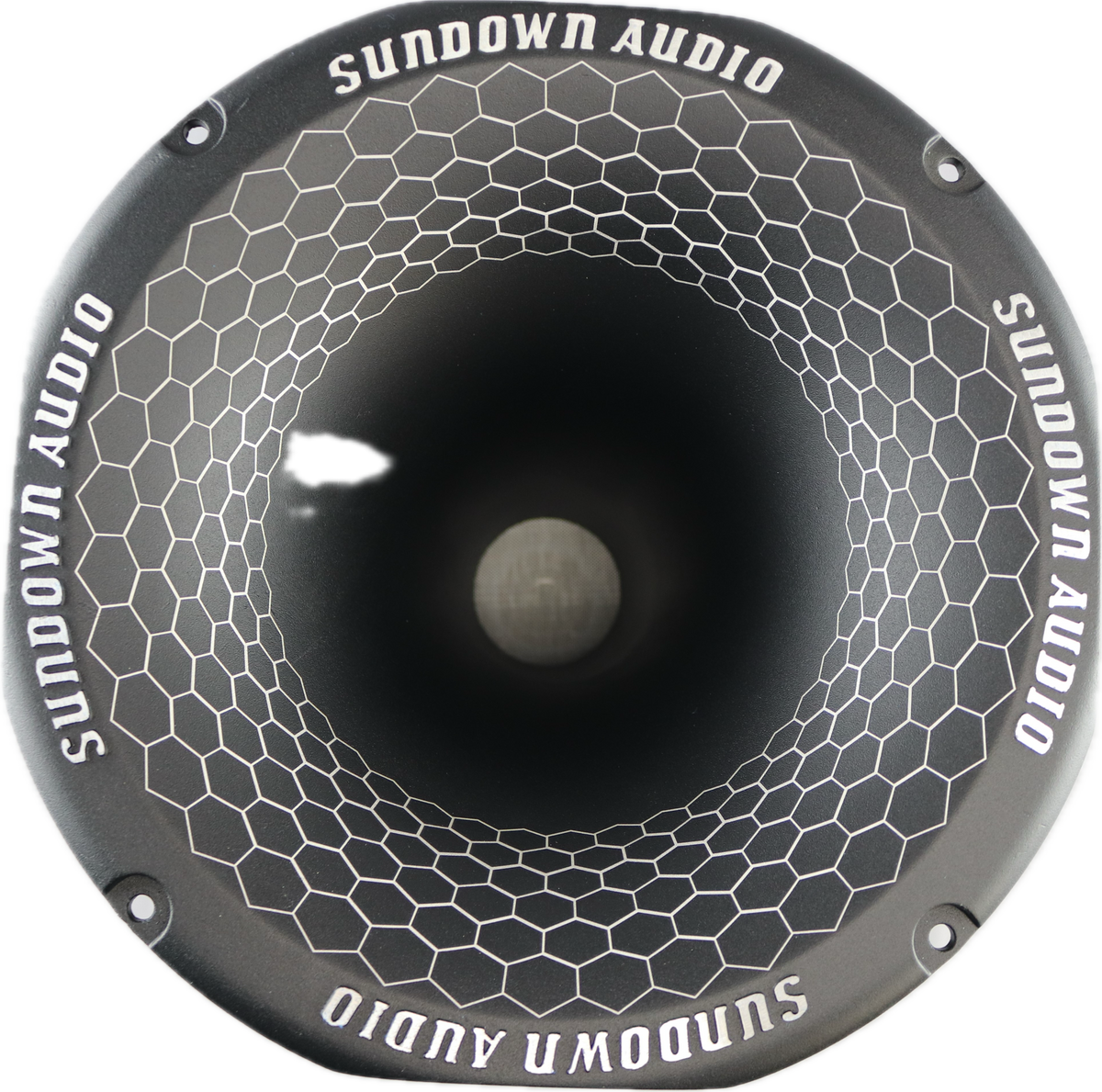 Close-up of the Sundown Audio SHFTL 2 Throat Super Horn, featuring a hexagonal pattern and die-cast aluminum frame. The Sundown Audio branding is repeated on the rim, emphasizing its premium build quality.
