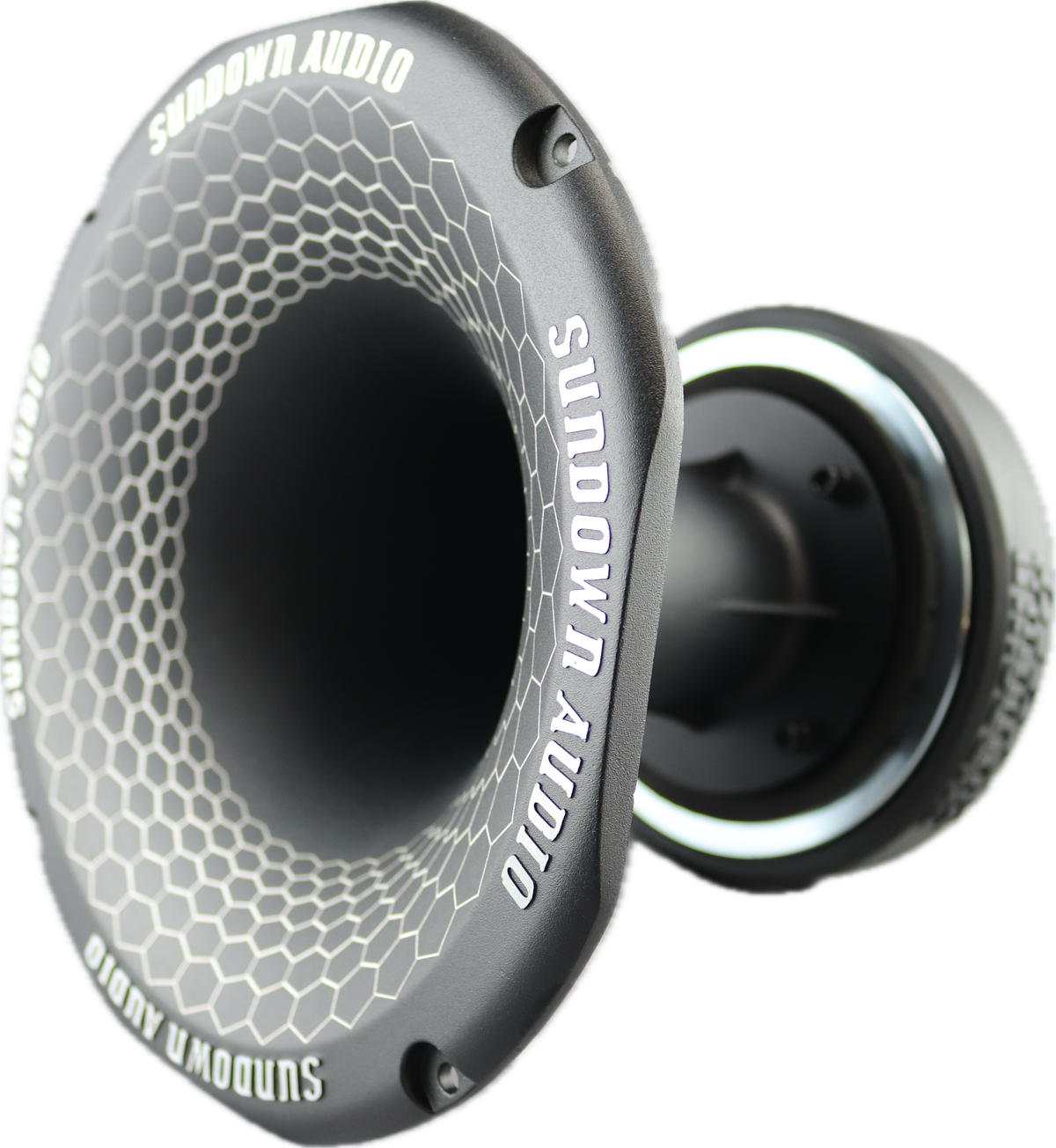 Close-up of a Sundown Audio SHFTL 2 Throat Super Horn featuring a sleek black design with a honeycomb edge pattern. The brand name appears on the outer rim, showcasing visible screws and a durable premium die-cast aluminum construction.