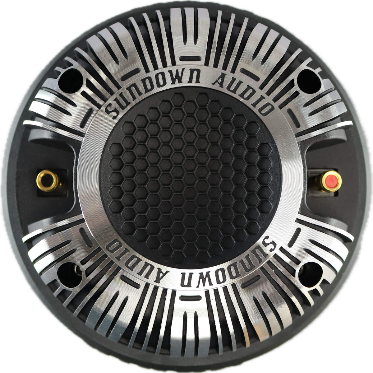 Close-up of Sundown Audios SHFTL 2 Throat Super Horn with ferrite magnet, featuring a die-cast aluminum design, honeycomb pattern center, engraved branding, connection terminals, and sleek horn driver.