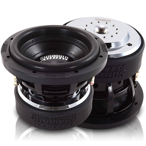 Two Sundown Audio U-Series 8 v.1 subwoofers with black and silver design, efficient voice coils, and visible logos stand stacked on a reflective surface to highlight their sleek frames and excellent heat dissipation capabilities.