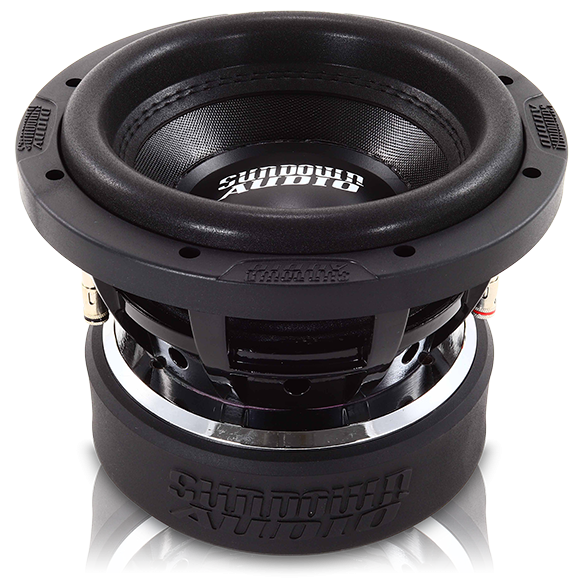 The U-Series 8 v.1 Subwoofer by Sundown Audio is a powerful black speaker with a sturdy frame, visible detailing, and advanced voice coils, all emphasizing its high performance and quality.